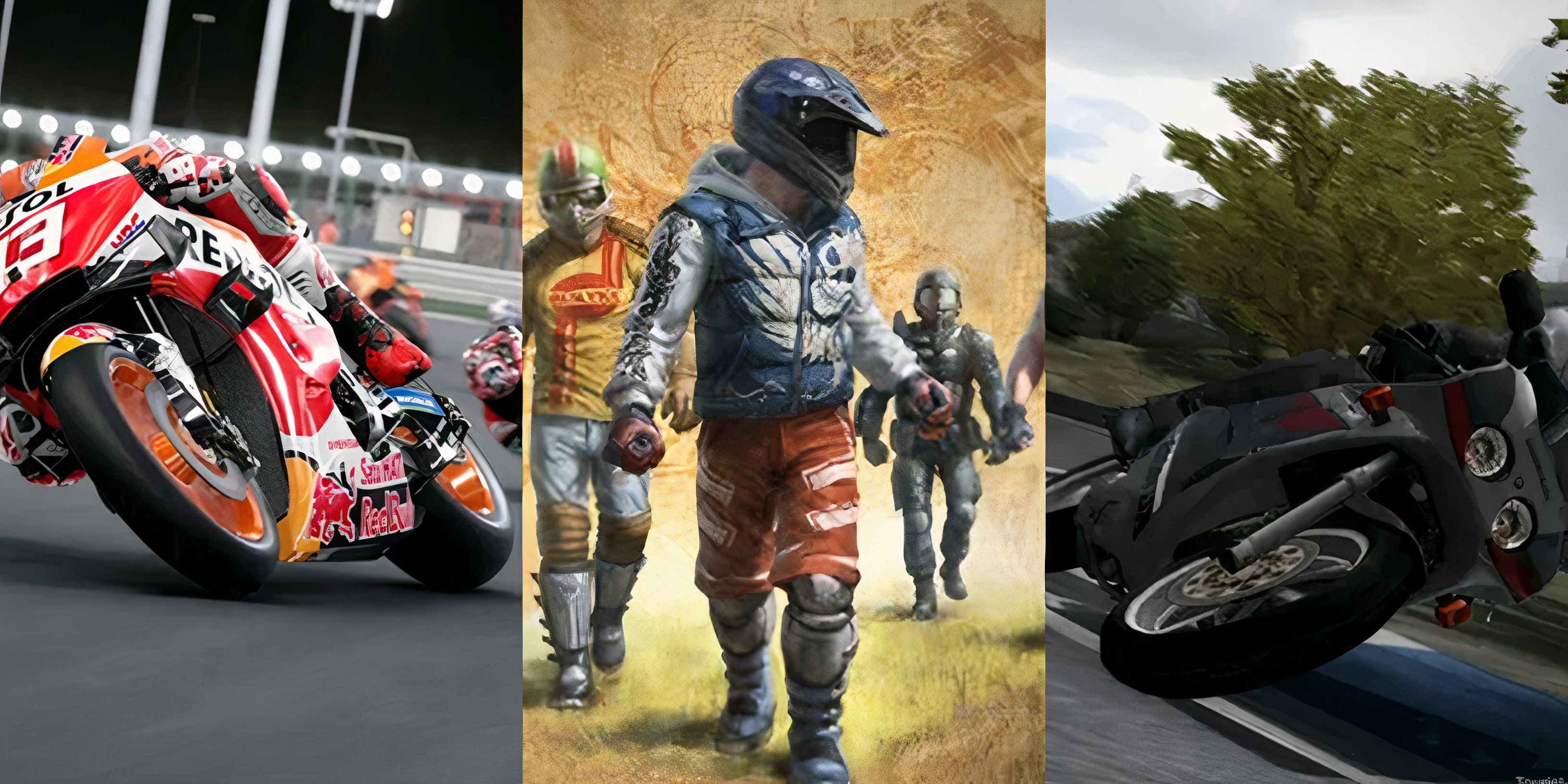 Best Motorcycle Racing Games: MotoGP 20 (left), Trials Evolution (middle), and Tourist Trophy (right)