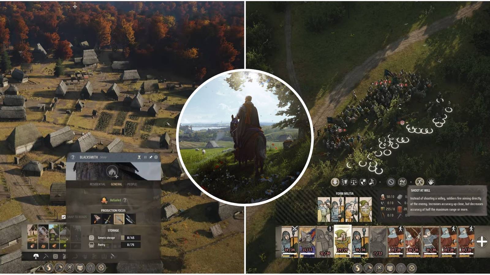 Featured image for Manor Lords showcasing blacksmith's workshop and battling army.