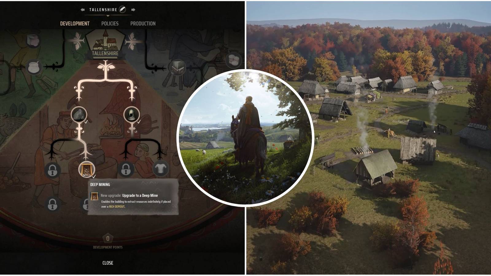 Featured image for Manor Lords showcasing Development Point tree and the settlement