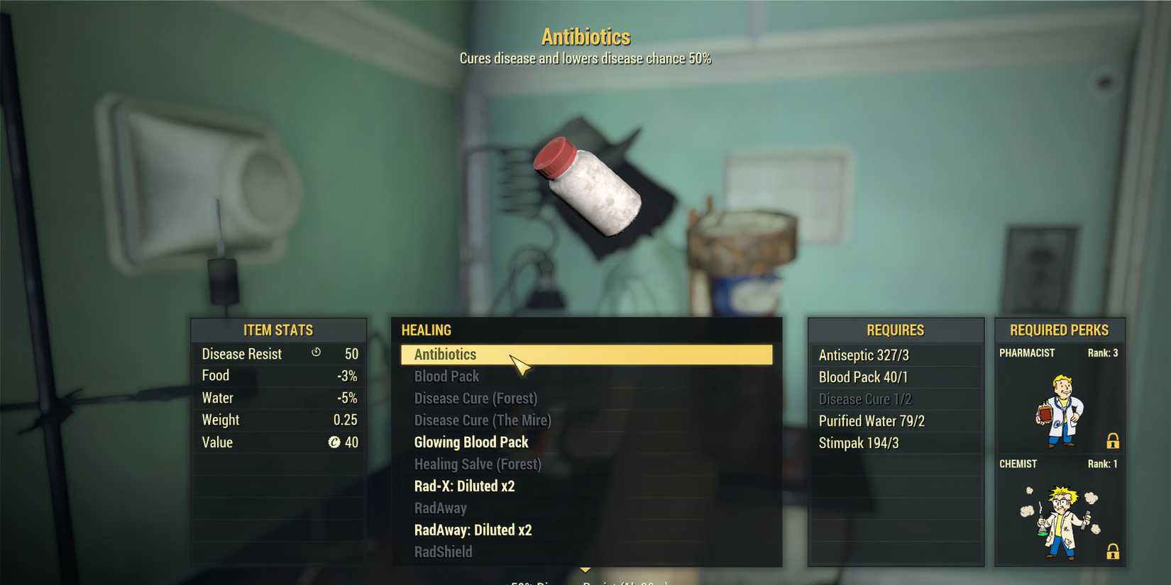 Crafting Antibiotics at Chemistry Station in Fallout 76