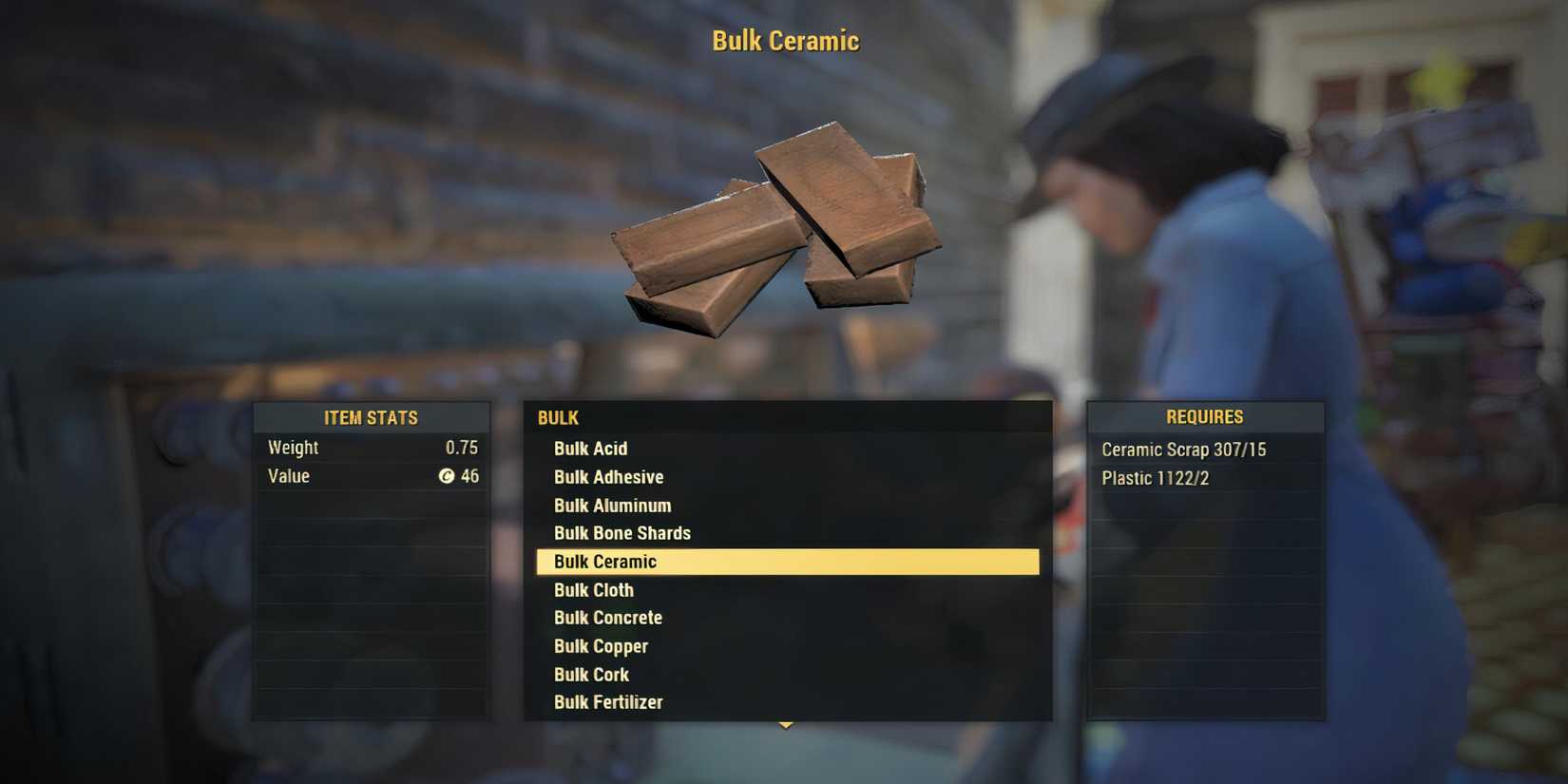 Crafting Bulk Ceramic at a Tinkerer's Workbench in Fallout 76