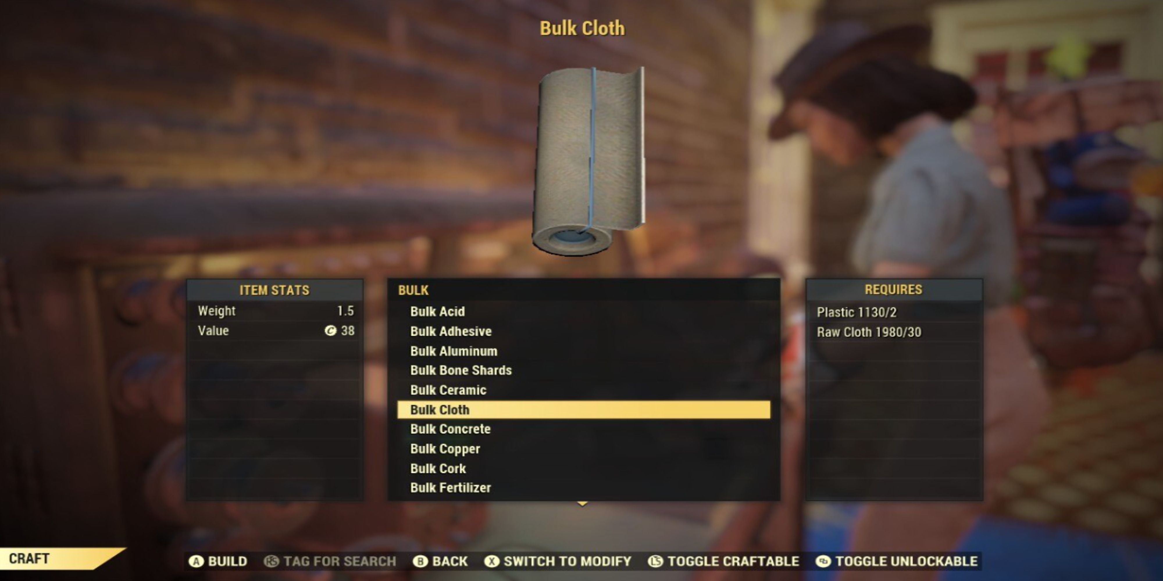 Crafting Bulk Cloth using a Tinkerer's Workbench at my camp in Fallout 76