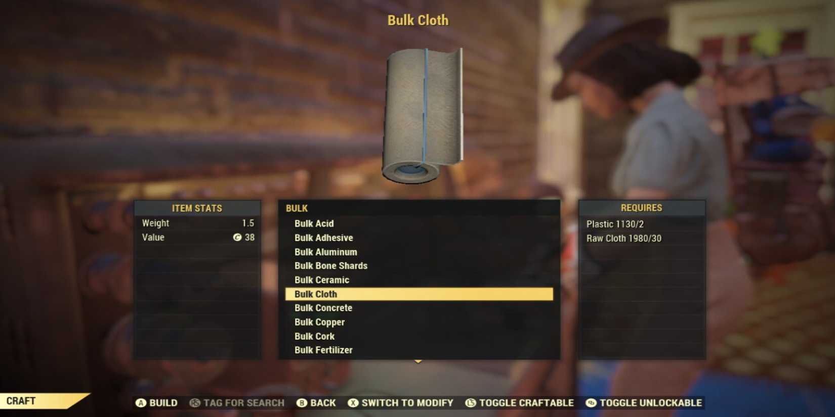 Crafting Bulk Cloth using a Tinkerer's Workbench at my camp in Fallout 76
