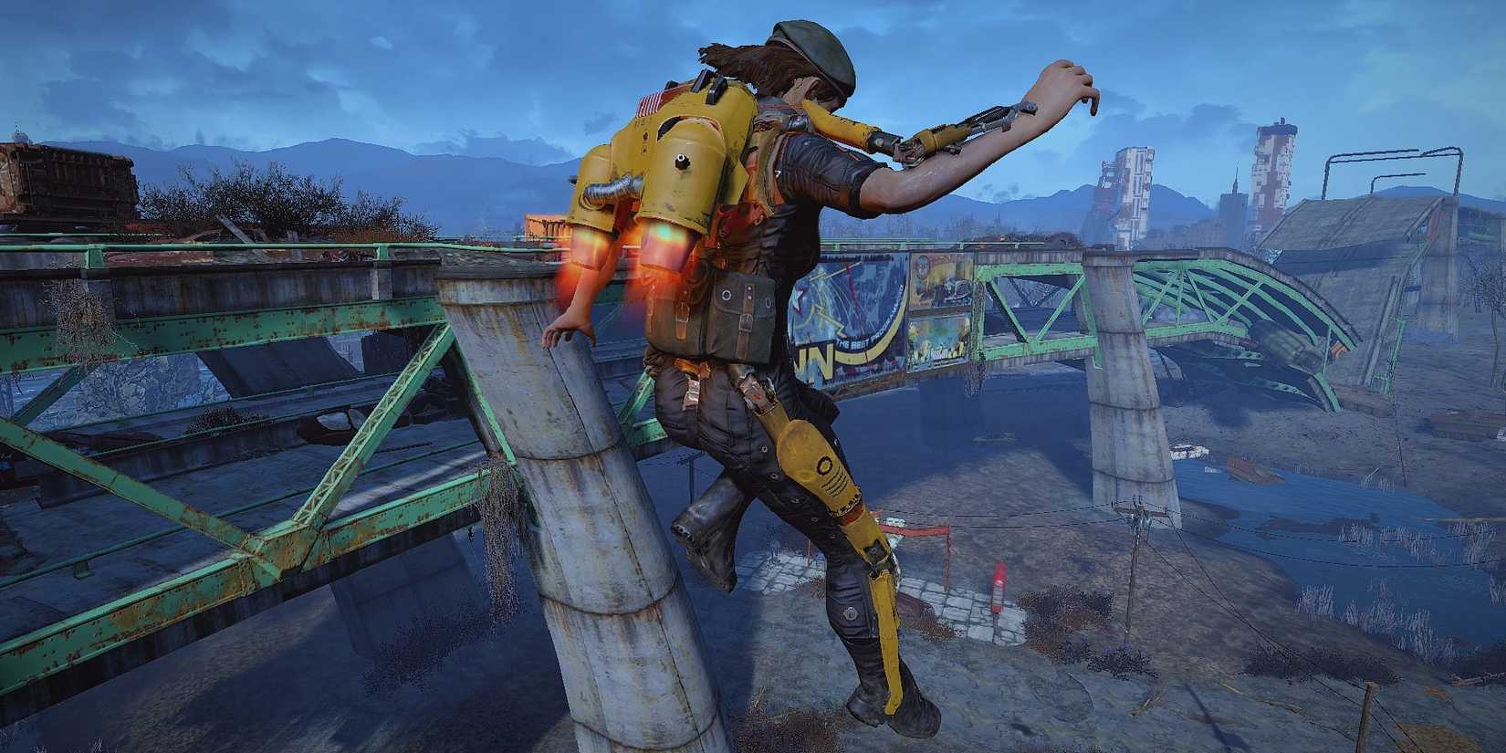 player floating with jet pack bridge