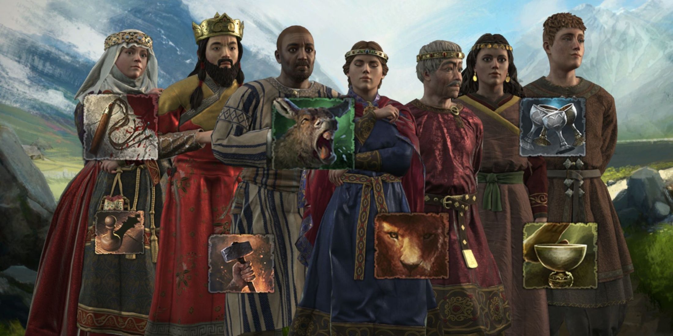 A group of Crusader Kings 3 character standing in a row