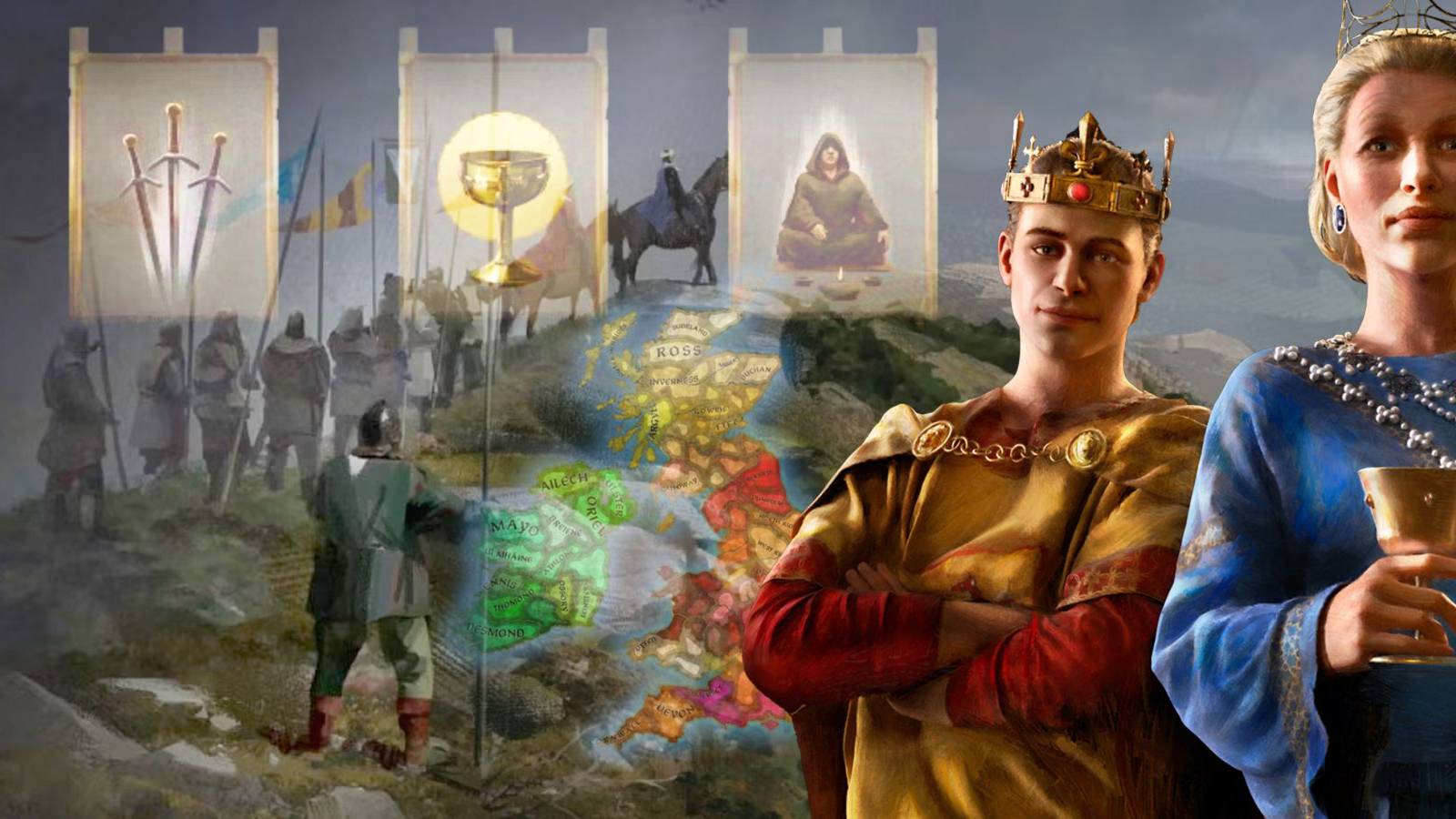 Characters posing on a battlefield in Crusader Kings 3