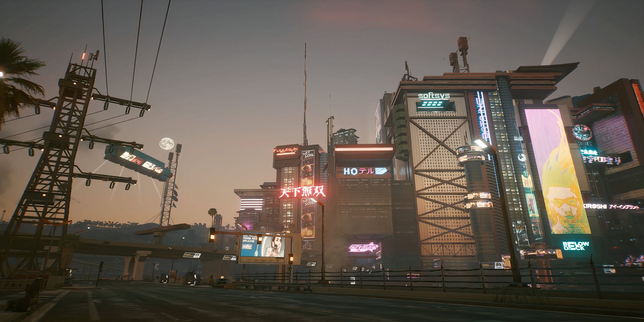 Cyberpunk 2077 screenshot city skyline at dusk