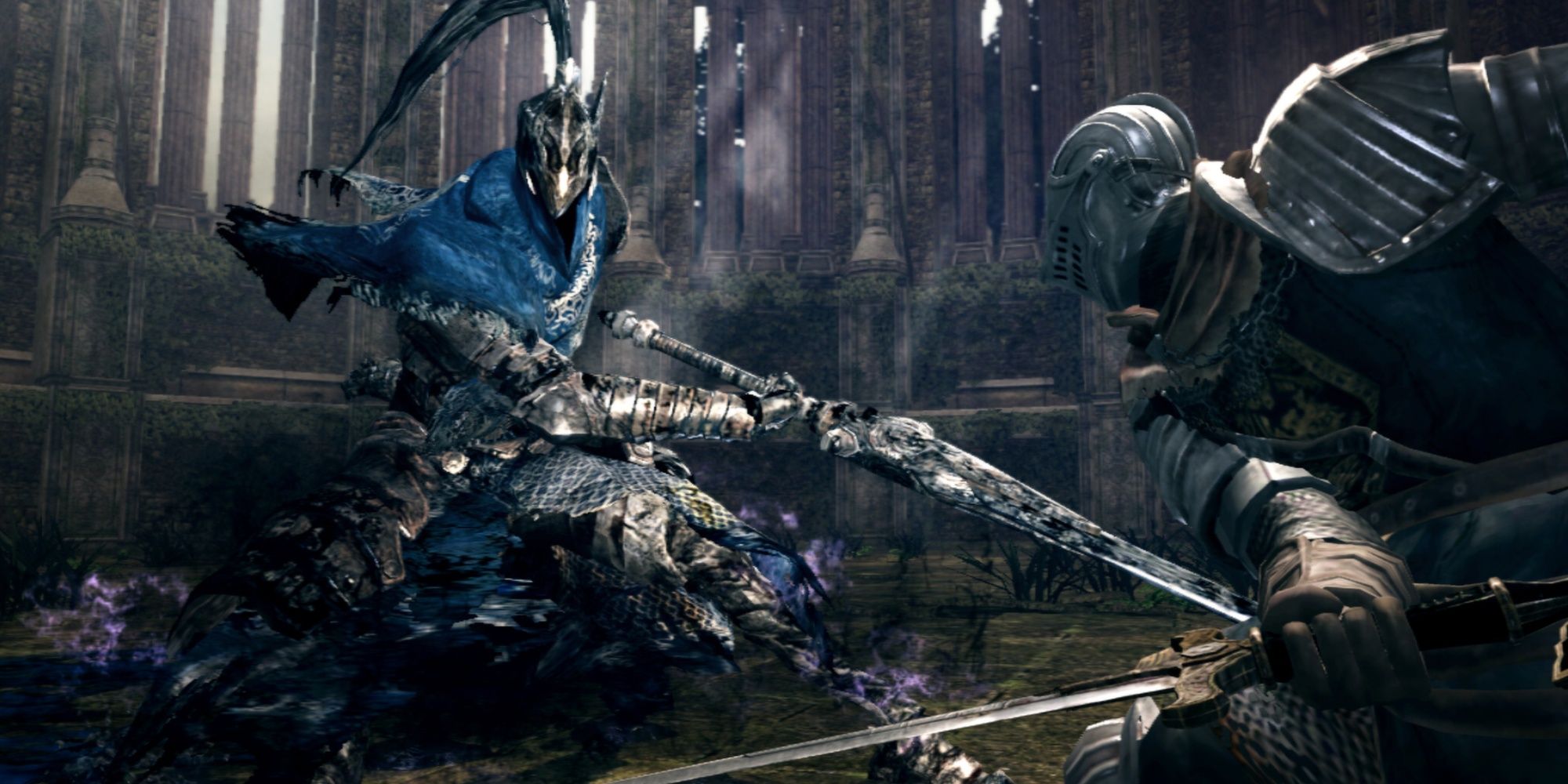 Fighting an enemy is the Artorias of the Abyss DLC in Dark Souls
