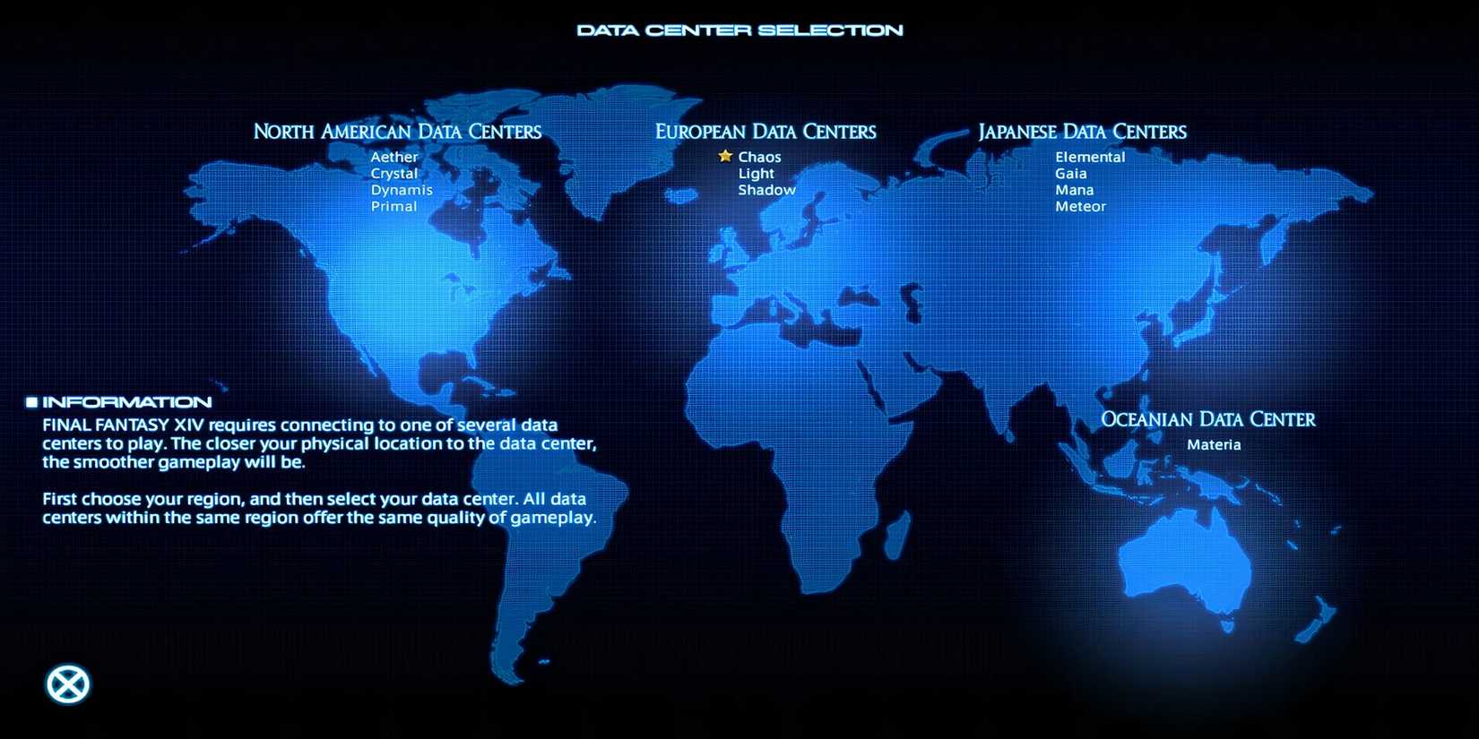 Data Center that features European, North American, and Japanese servers in FFXIV
