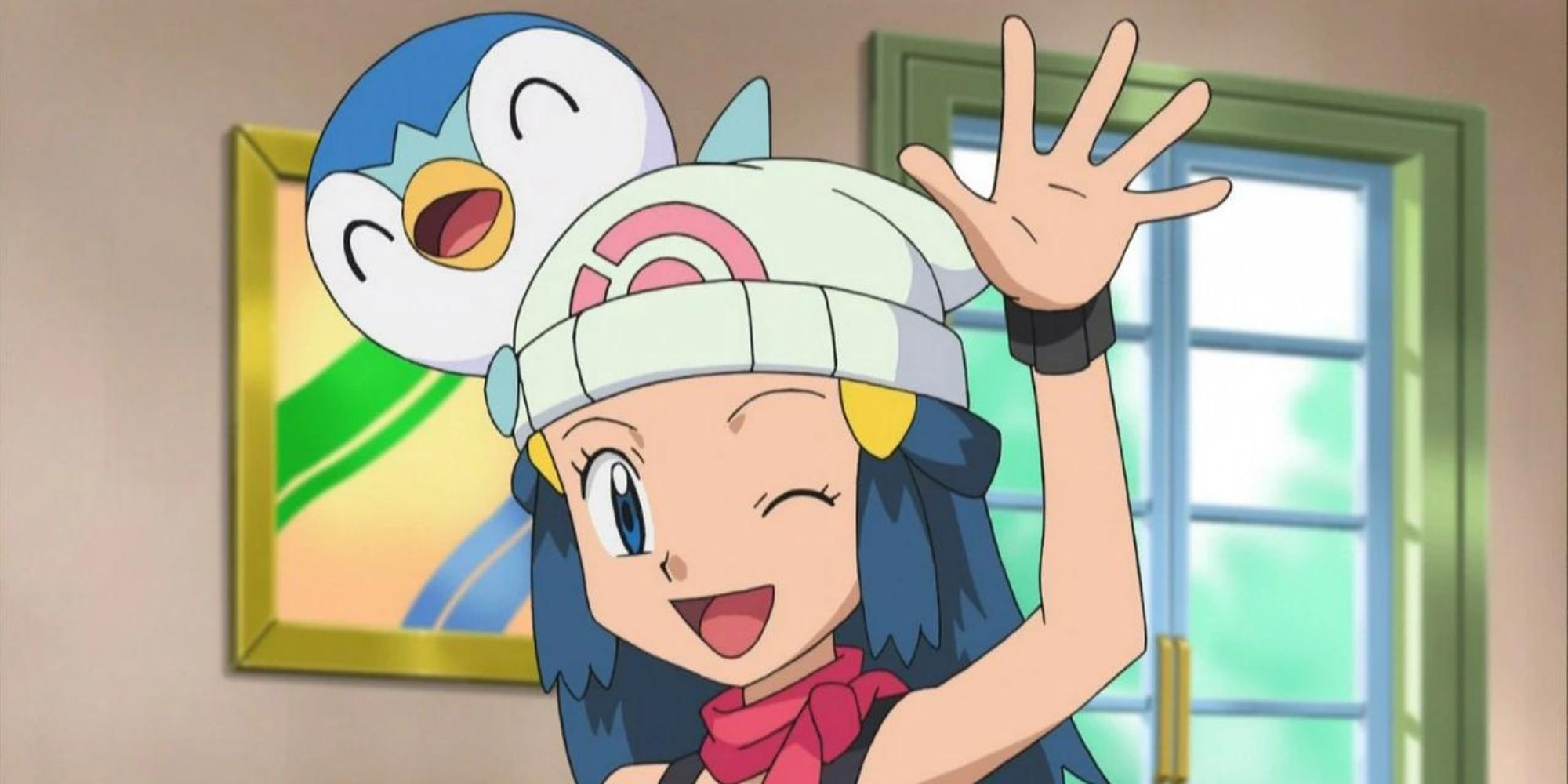 Dawn and her Piplup say hi to Ash & friends.
