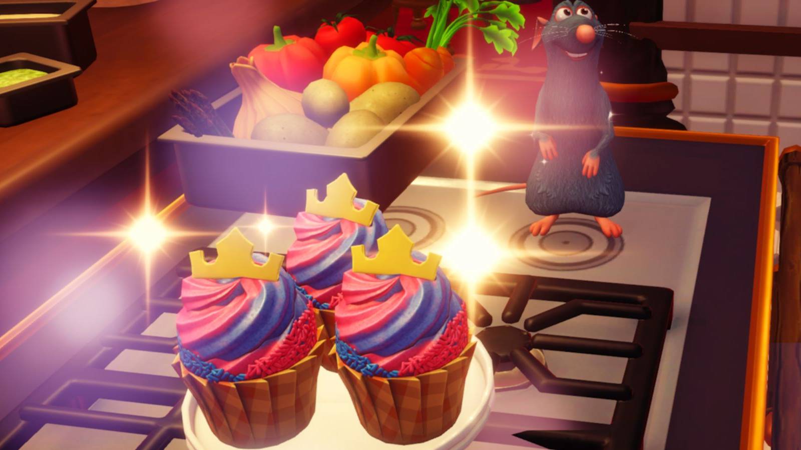 Disney dreamlight valley how to make princess aurora raspberry cupcakes 