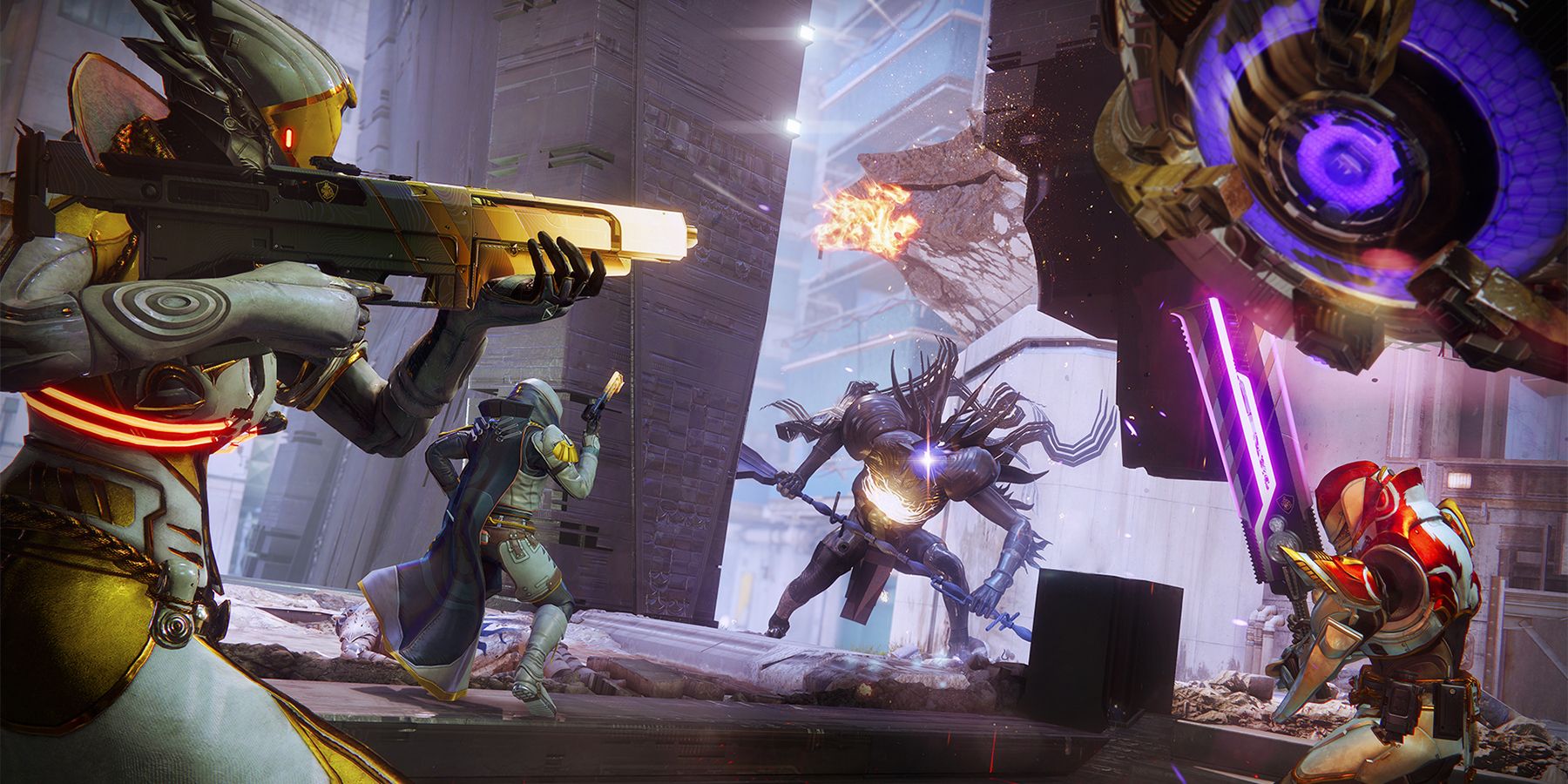 Destiny 2 Guardians fighting a Servitor and Tormentor in Onslaught in Midtown