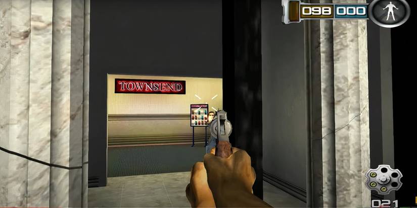 Pistol aiming at empty hallway, Die Hard Vendetta