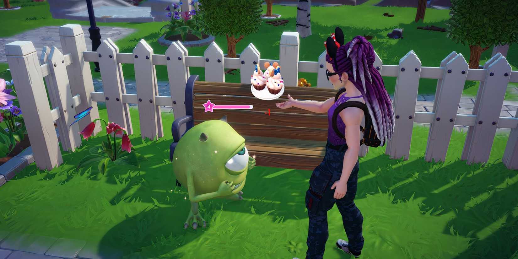 disney dreamlight valley giving minnie cupcakes to mike from monsters inc in sweet samaritan duty