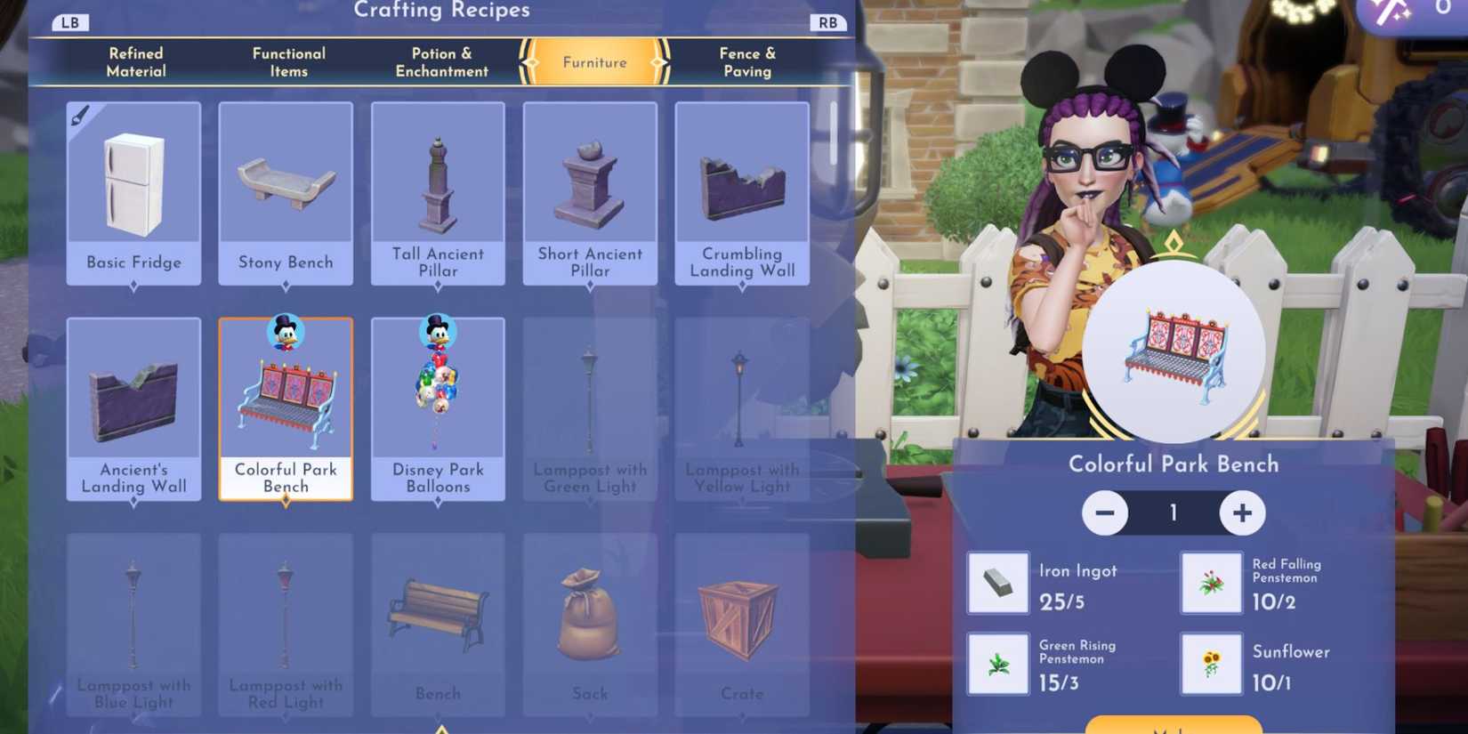 disney dreamlight valley colorful park bench crafting ingredients