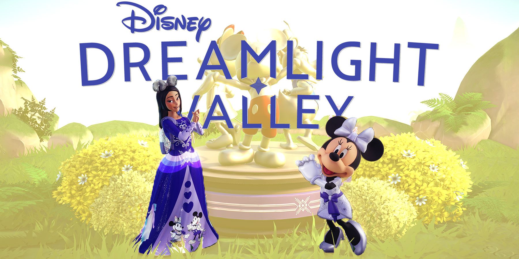 Disney Dreamlight Valley Minnie Mouse and player character in purple dresses background swap