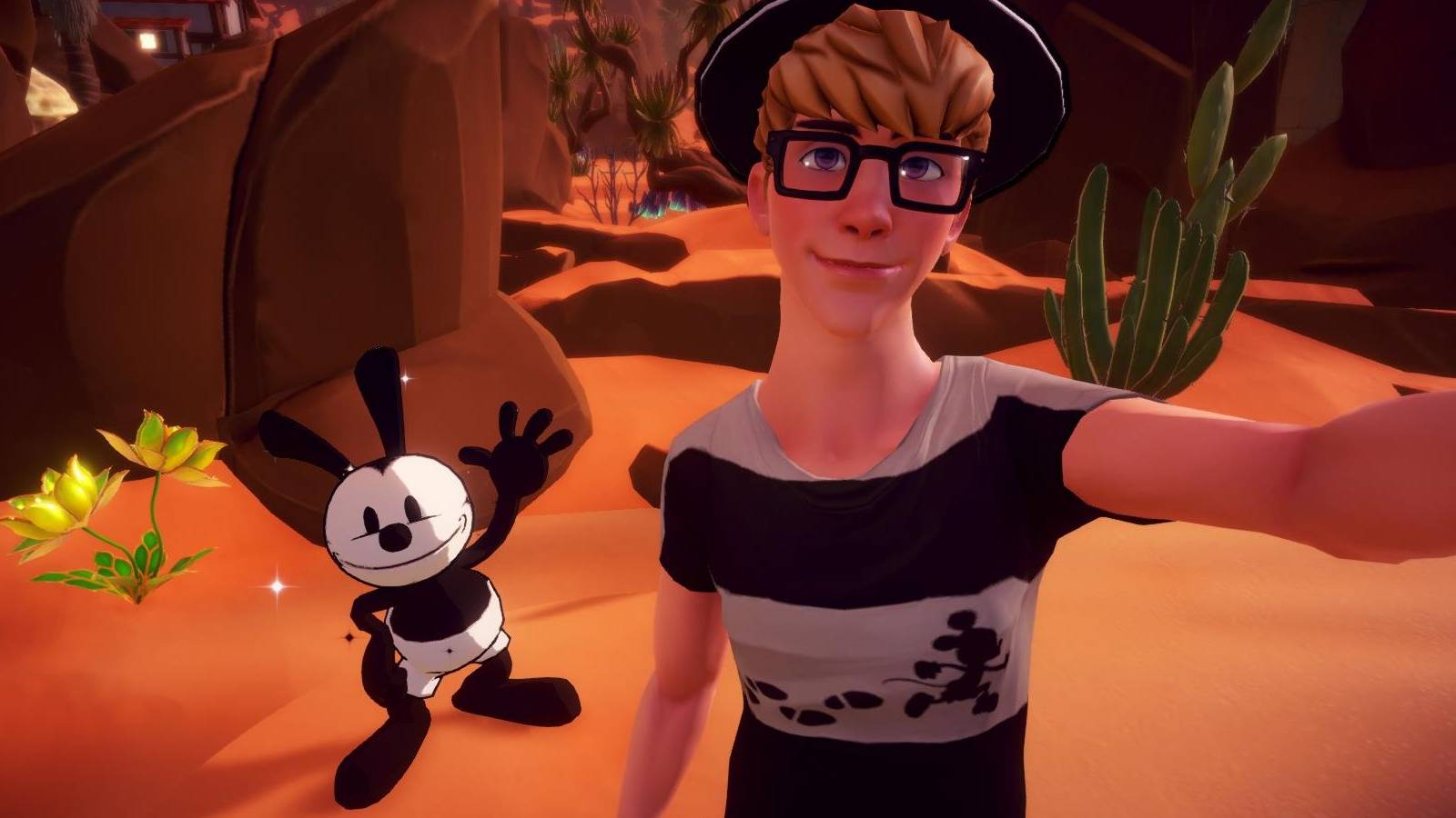 disney dreamlight valley taking a selfie with oswald