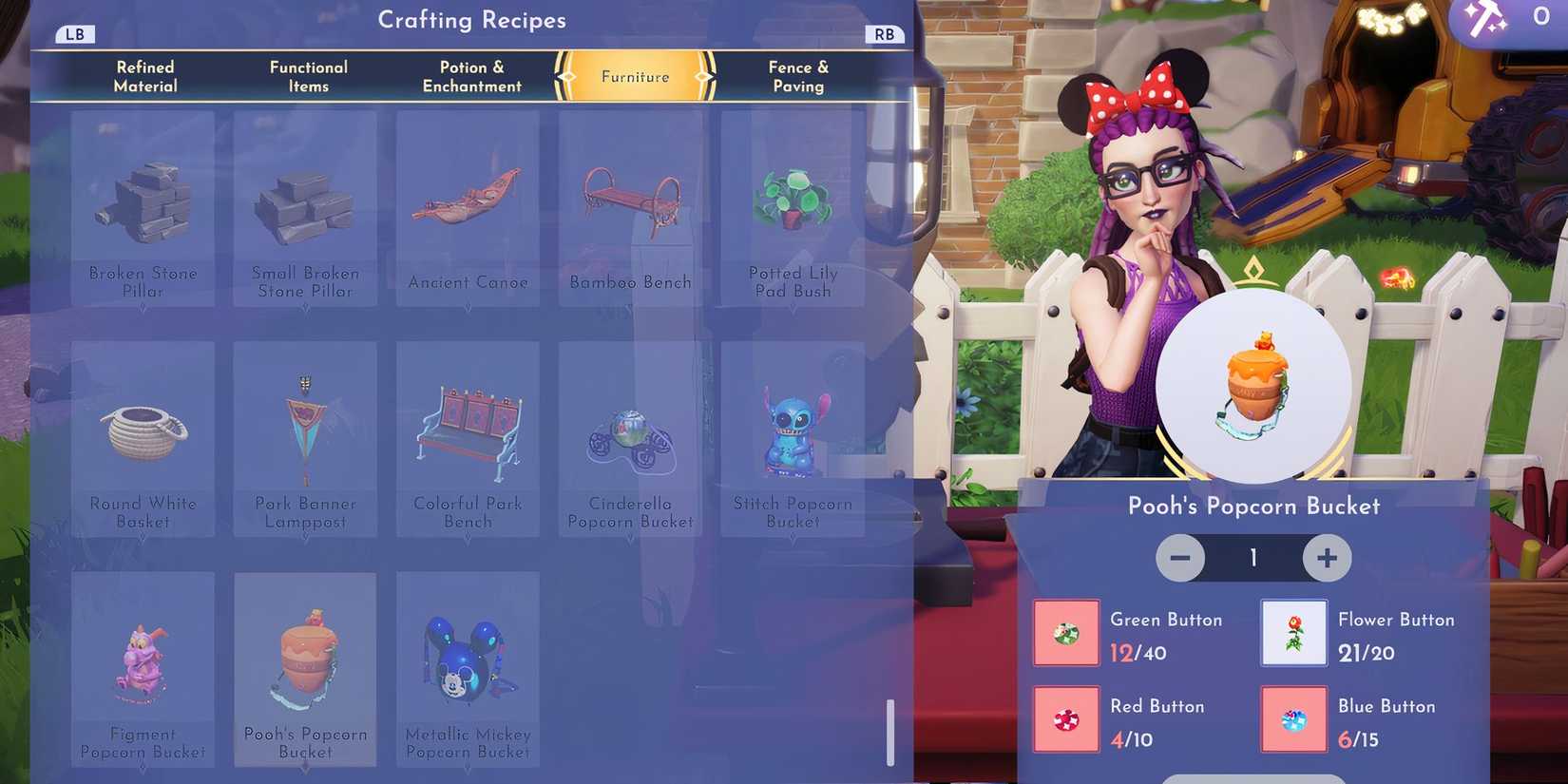 disney dreamlight valley pooh's popcorn bucket crafting recipe