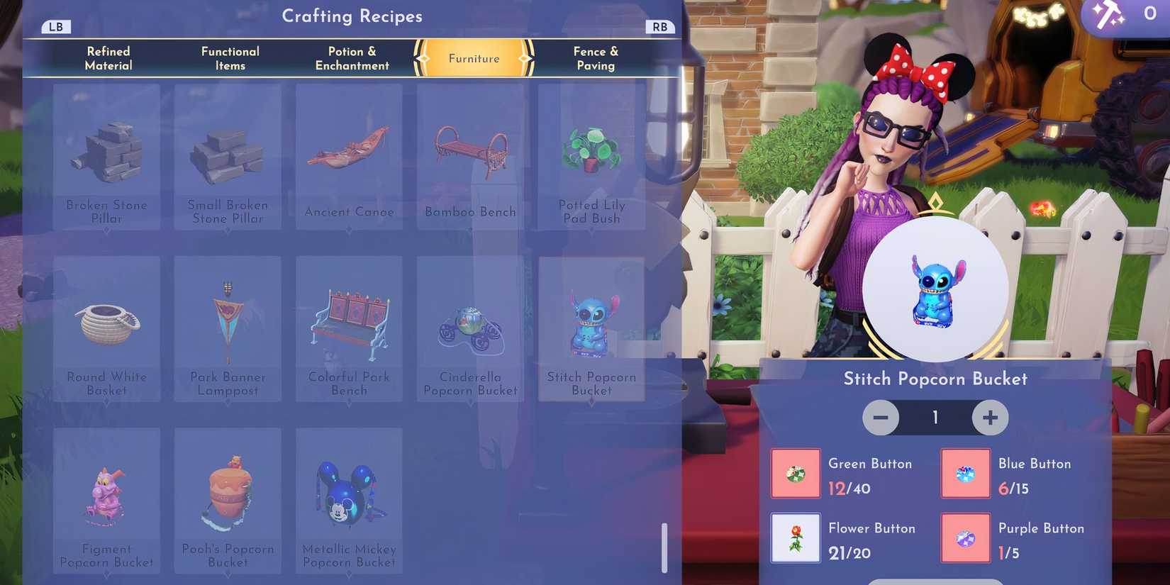 disney dreamlight valley stitch popcorn bucket crafting recipe