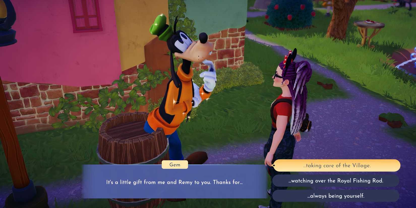 Disney Dreamlight Valley giving a cupcake gift to Goofy for the sweet samaritan duty 