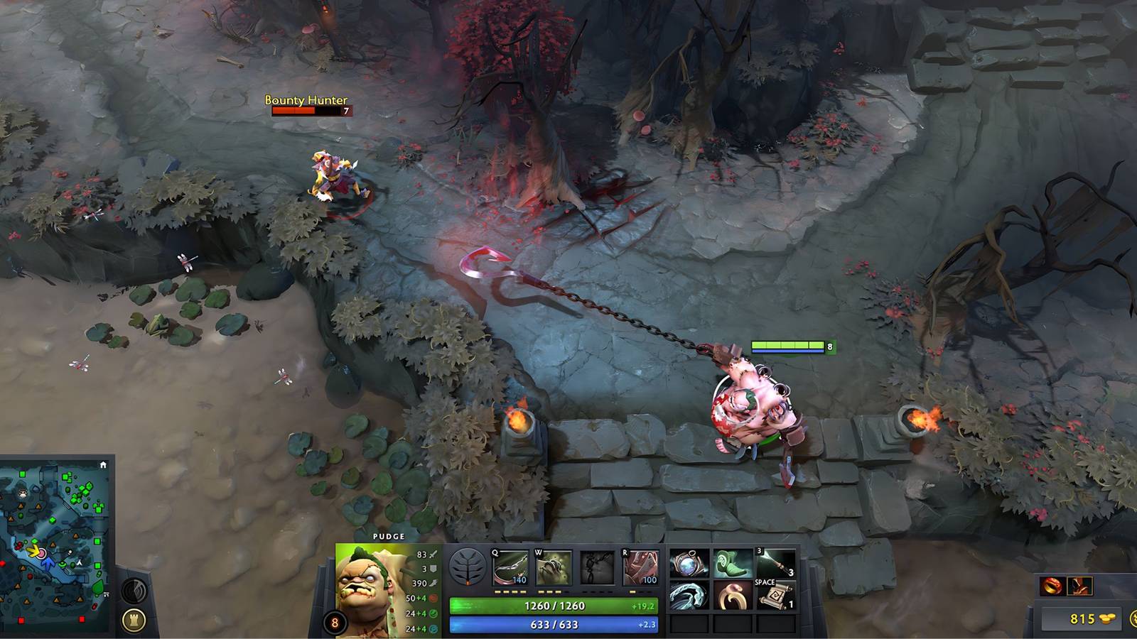 Pudge Hooks Bounty Hunter in Dota 2
