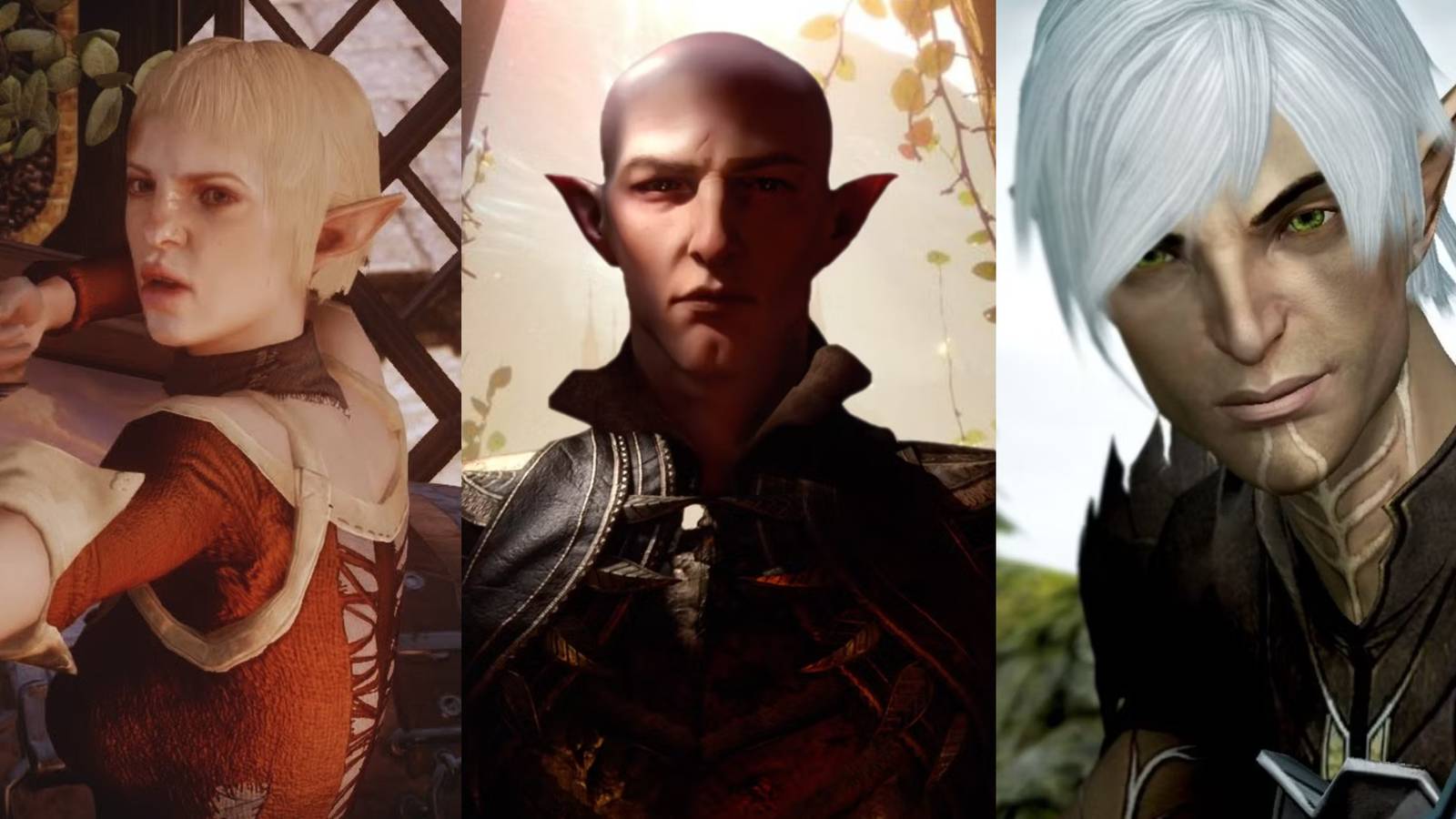 Dragon Age_ Strongest Elves, Ranked split image Sera and Solas from DA INquisition, Fenris from DA 2