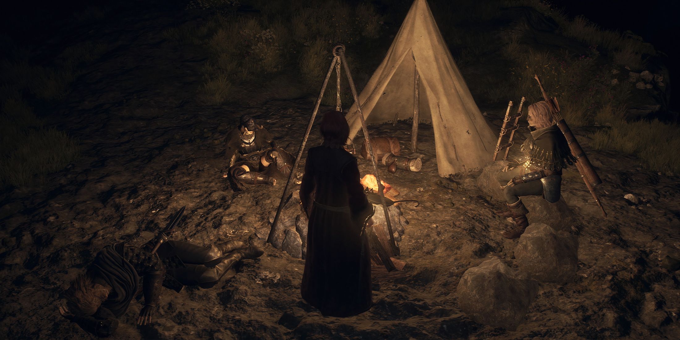 Dragon's Dogma 2 characters camping for the night