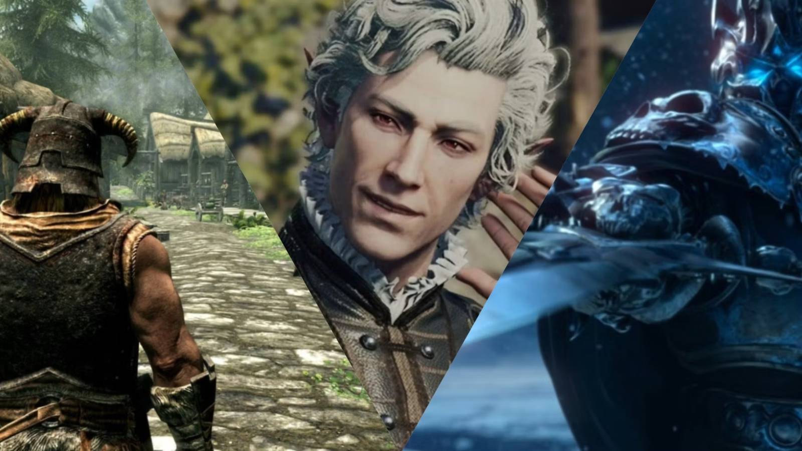 Dragonborn wandering through Riverwood (Skyrim), Astarion posing (Baldur's Gate 3), and Lich King pointing a sword (World of Warcraft) (1)
