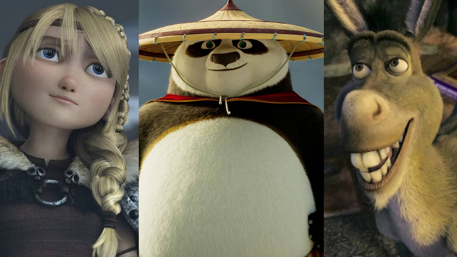 Astrid smiling; Po standing valiantly; Donkey smiling