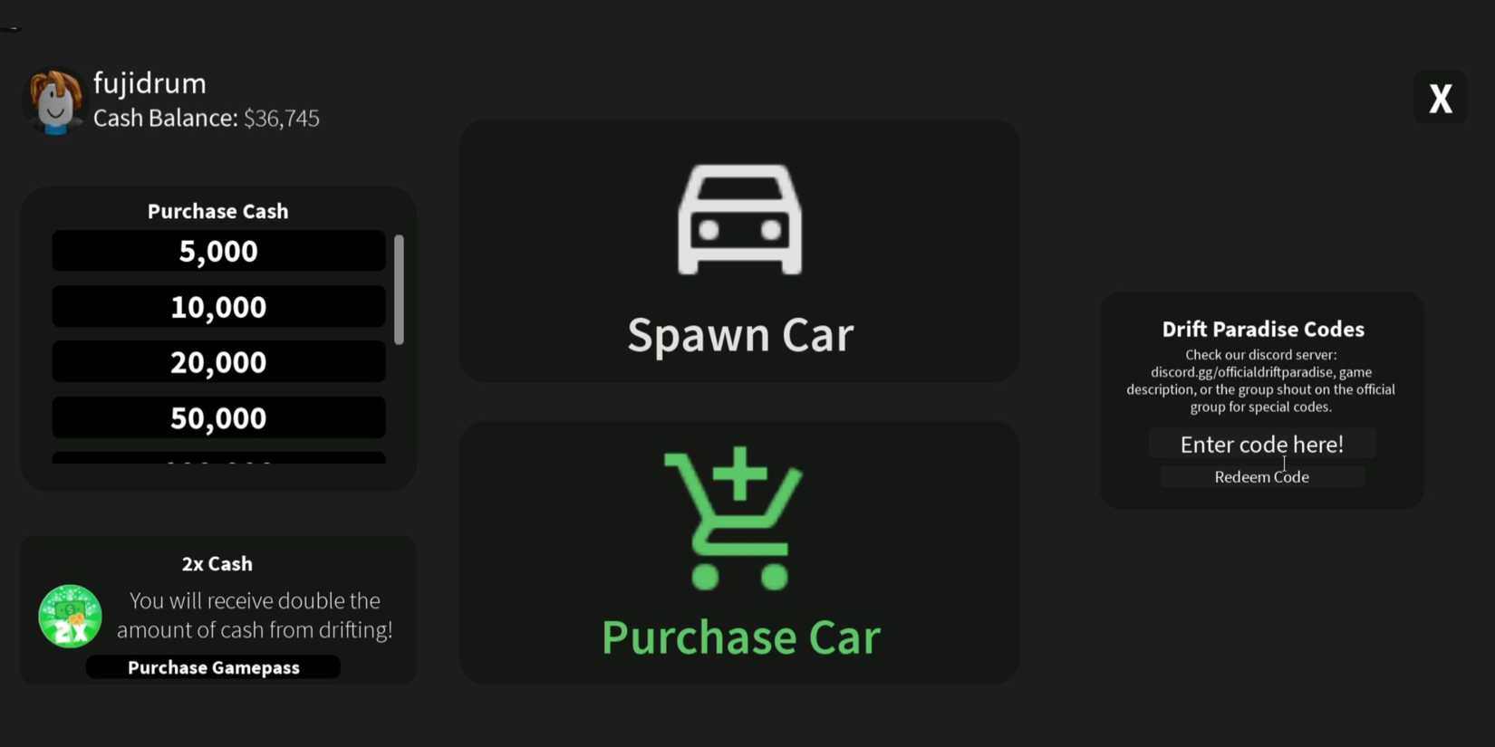 Drift Paradise the codes tab