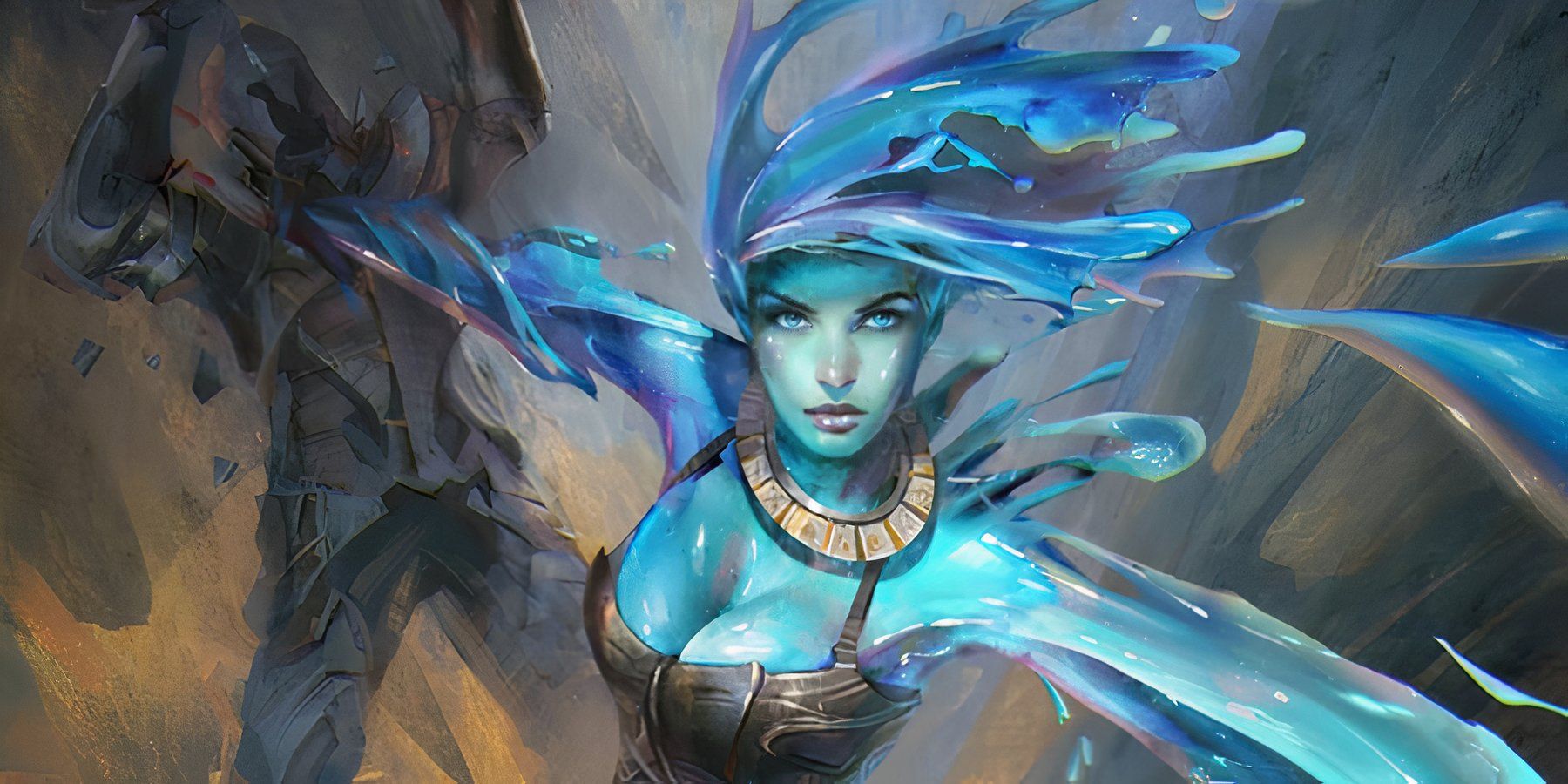 Dungeons and Dragons blue ooze-like humanoid cutting through her enemies