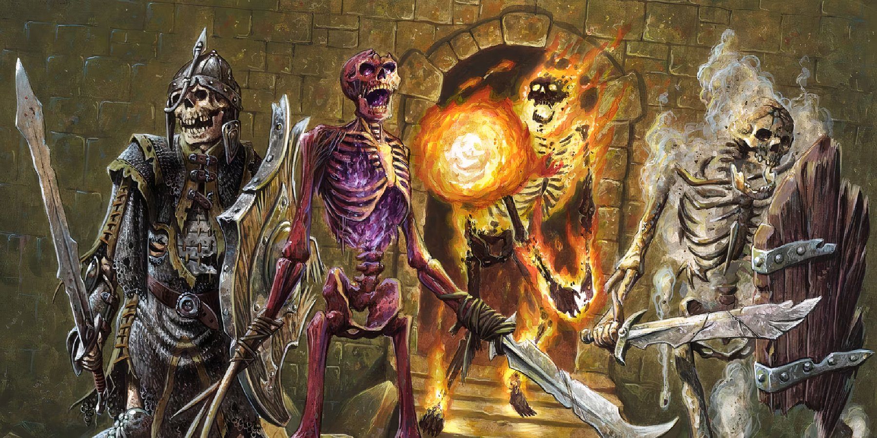 Dungeons and Dragons variety of skeletons standing in dungeon