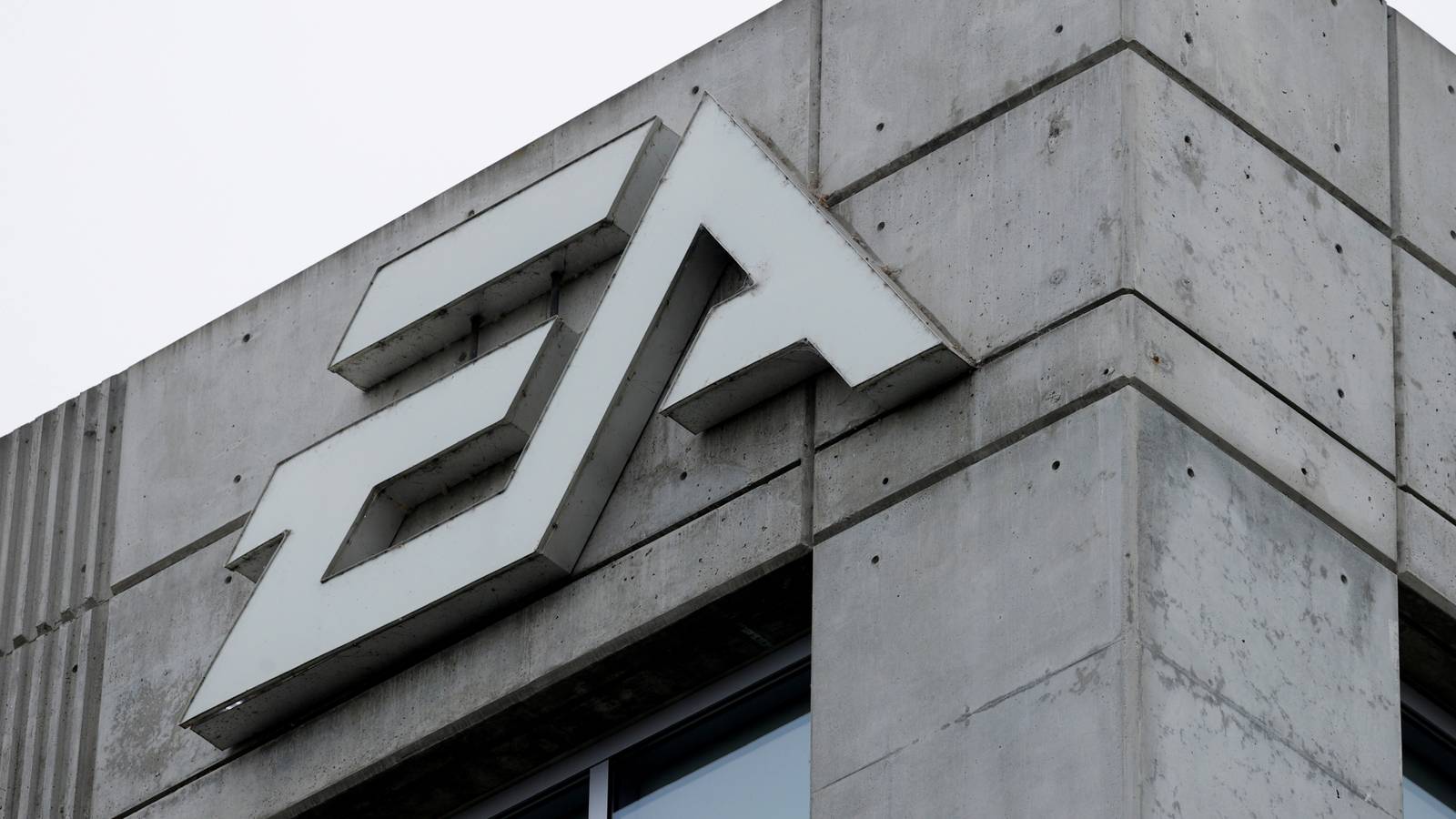 The logo for Electronic Arts on the side of a building at EA's headquarters.