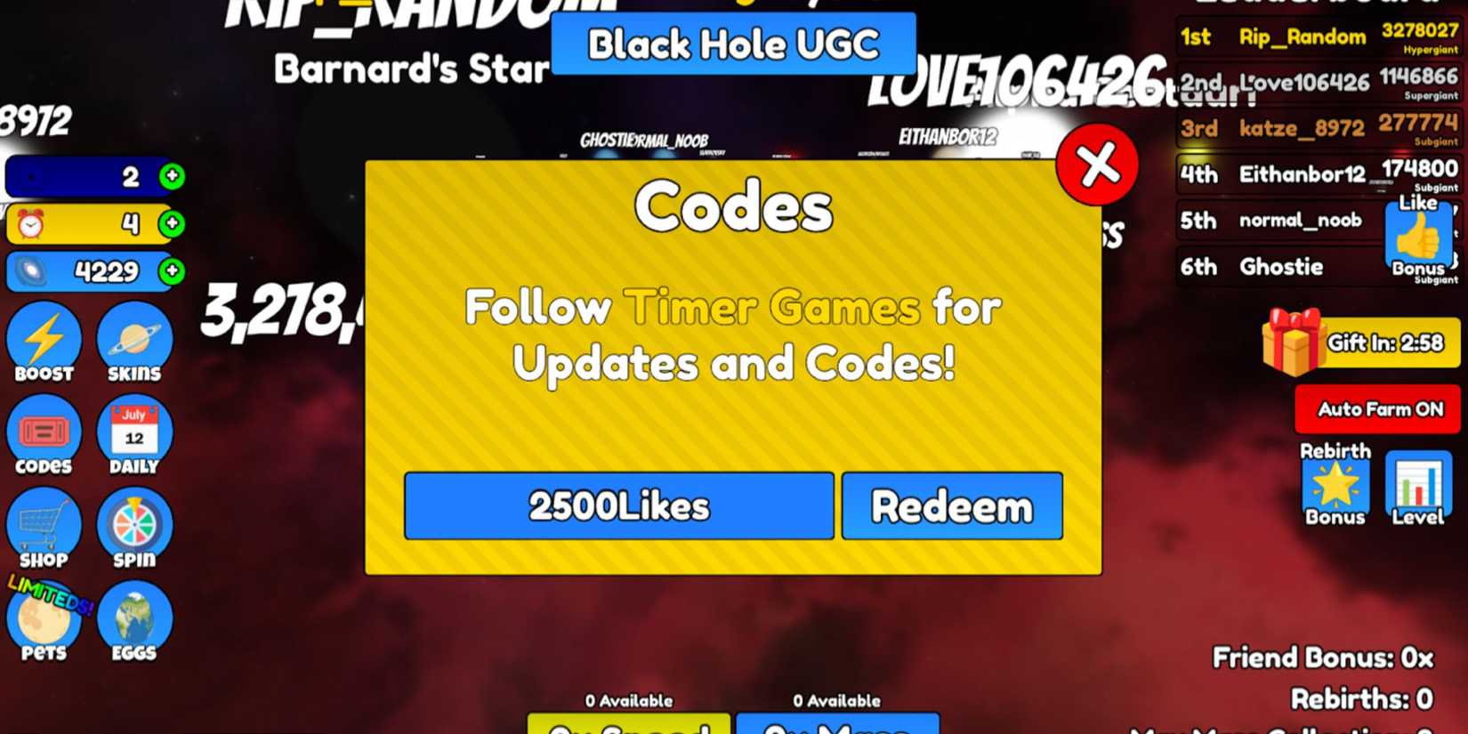 Eat The Universe Simulator: the codes tab