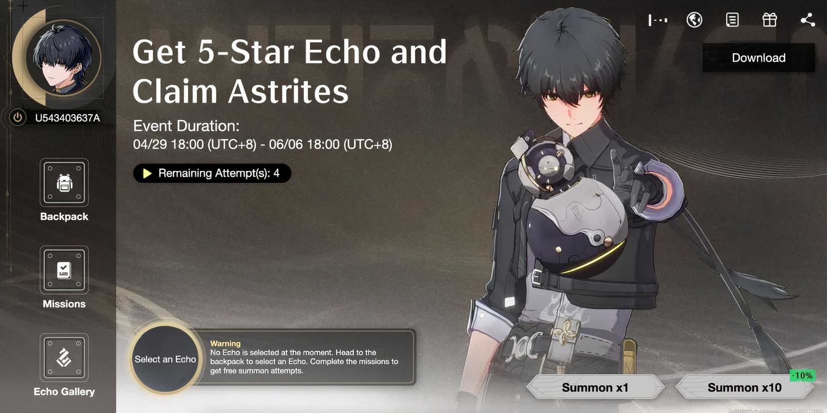 the echo summon event page in wuthering waves.