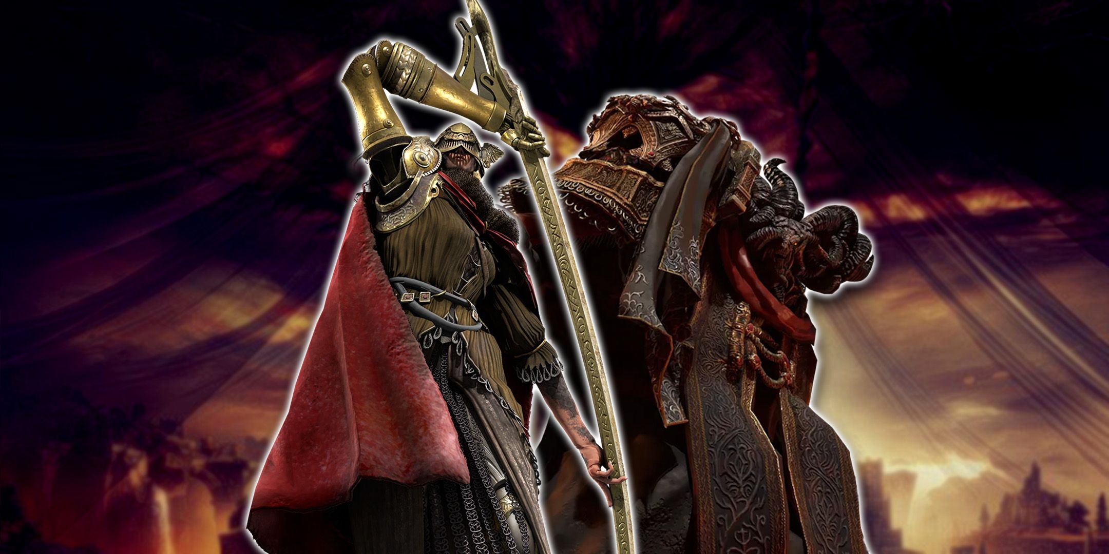 Malenia and Mohg Lord of Blood from Elden Ring standing side by side holding weapons
