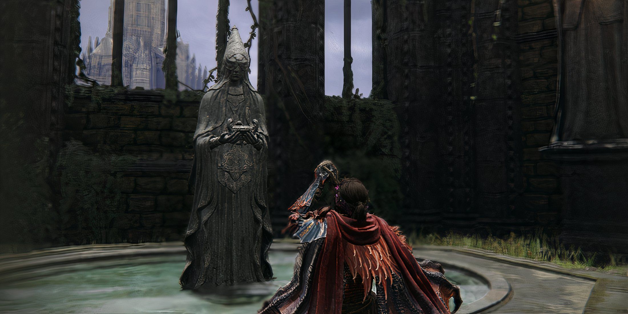 Elden Ring Player Emoting Praying at Church of Vows Absolution Statue featured image sizing