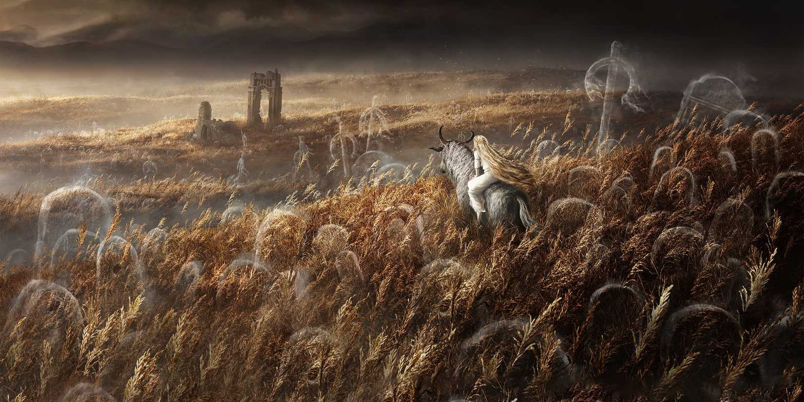 elden ring shadow of the erdtree miquella riding through a field