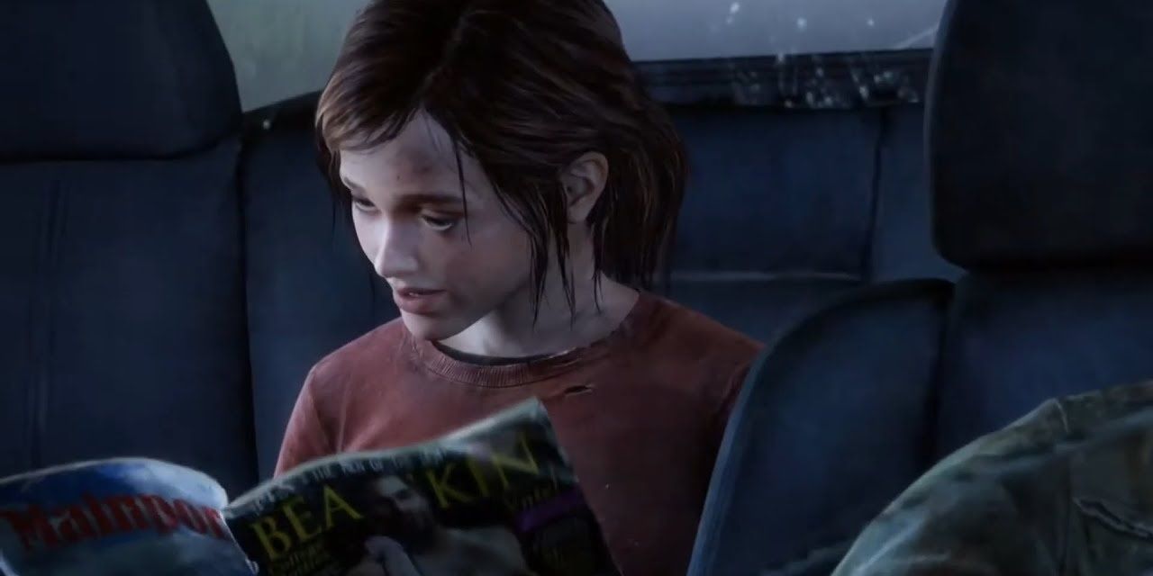 Ellie rifling through Bill's magazine in The Last of Us