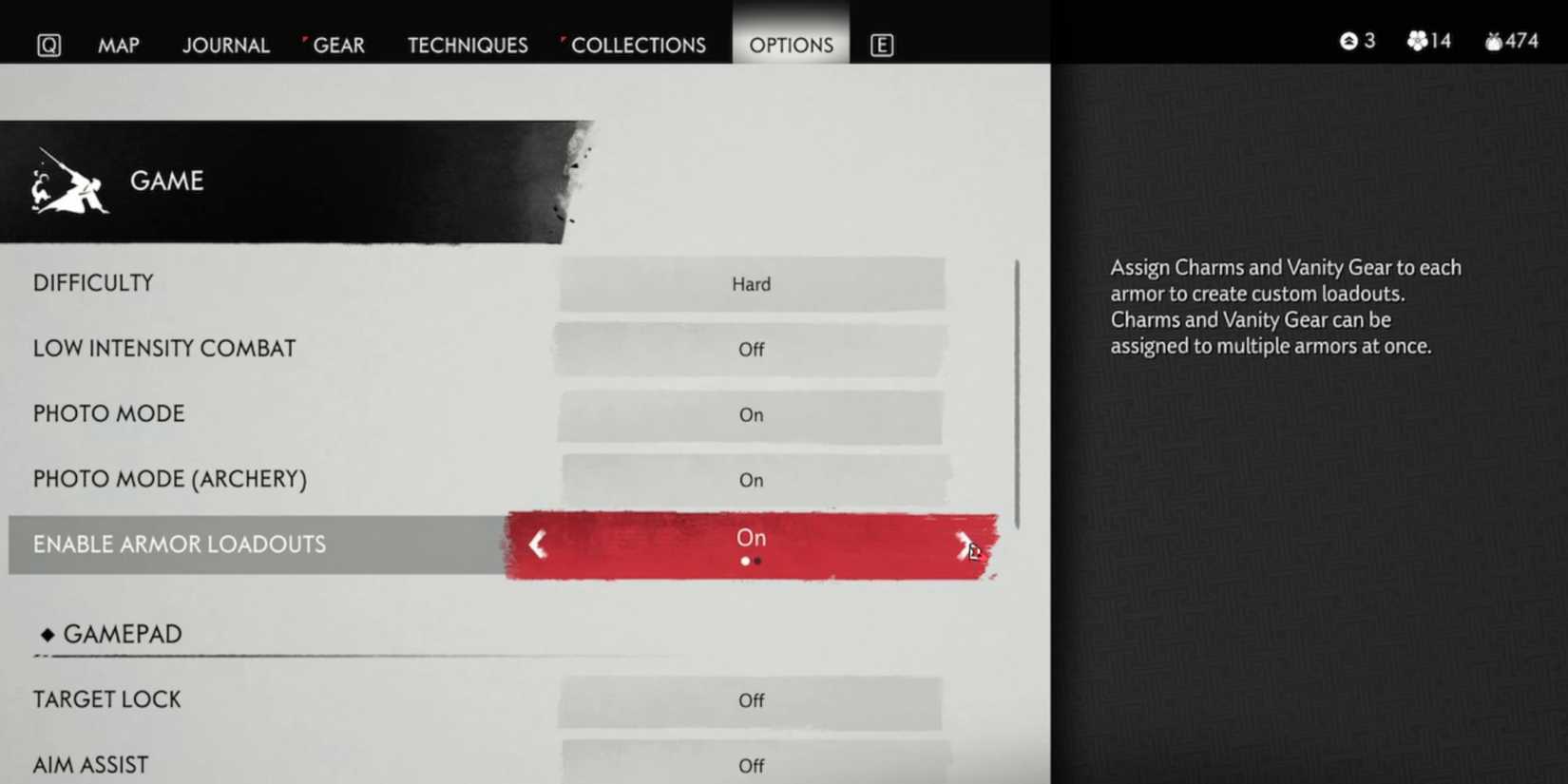 enabling armor loadouts in Ghost of Tsushima
