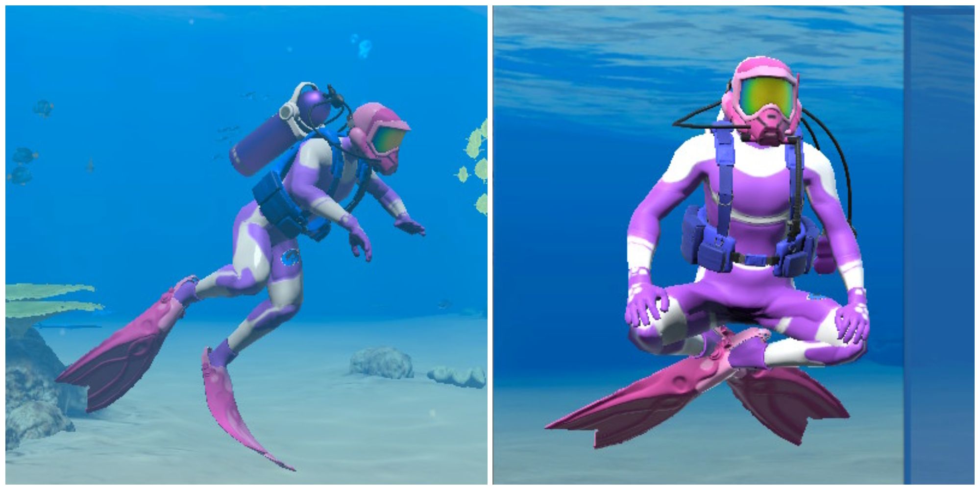 Split image of a customized outfit and an emote used in Endless Ocean Luminous