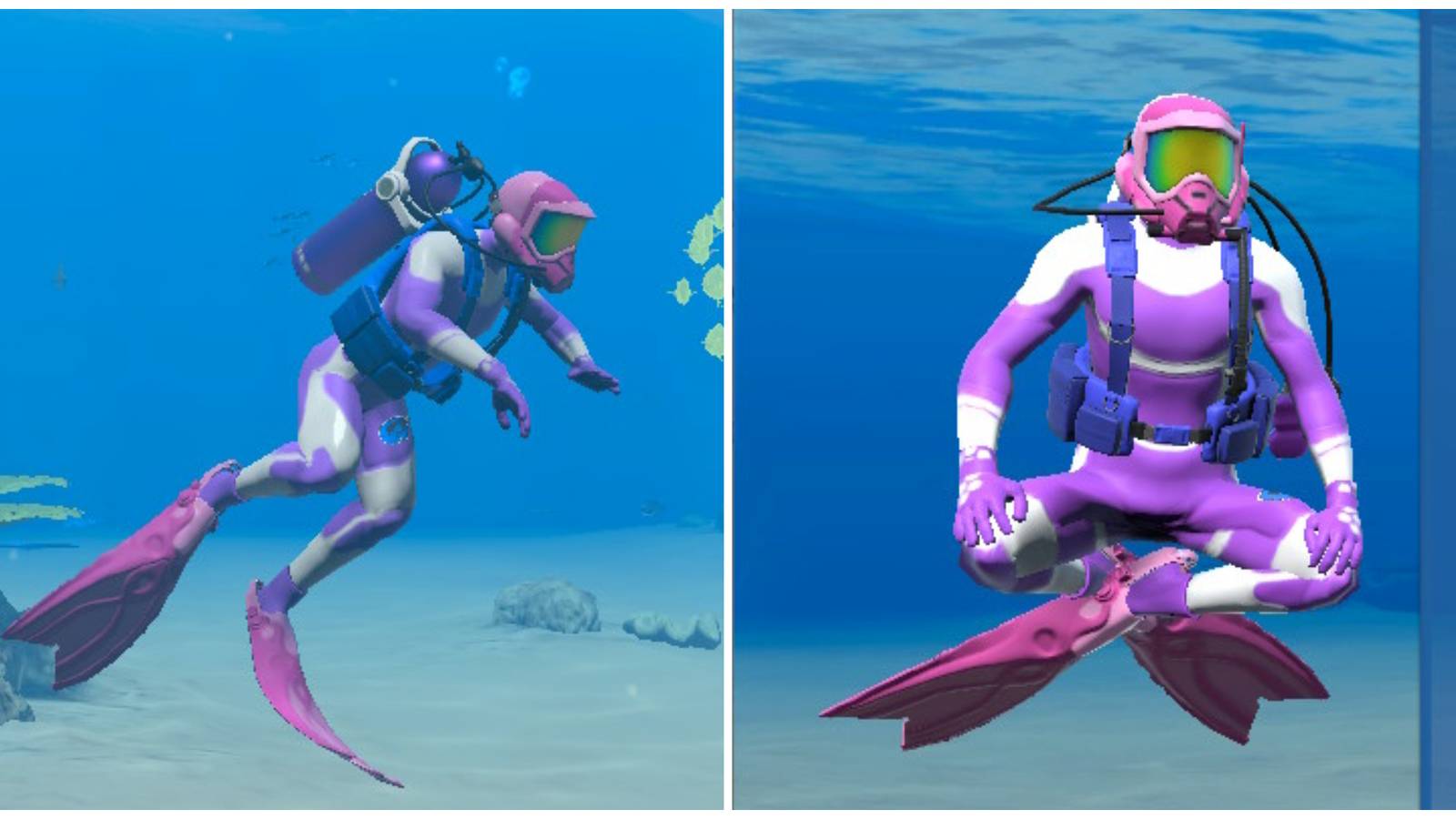 Split image of a customized outfit and an emote used in Endless Ocean Luminous