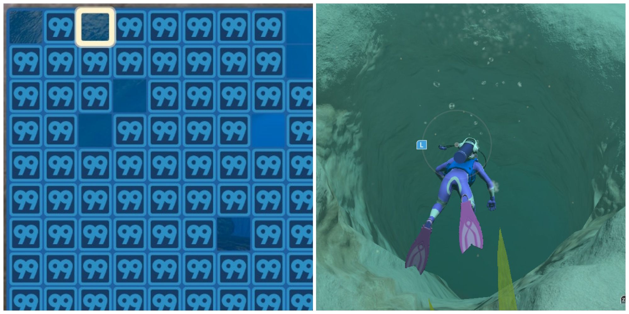 Split image of the mystery board tiles and a character exploring a cave in Endless Ocean Luminous