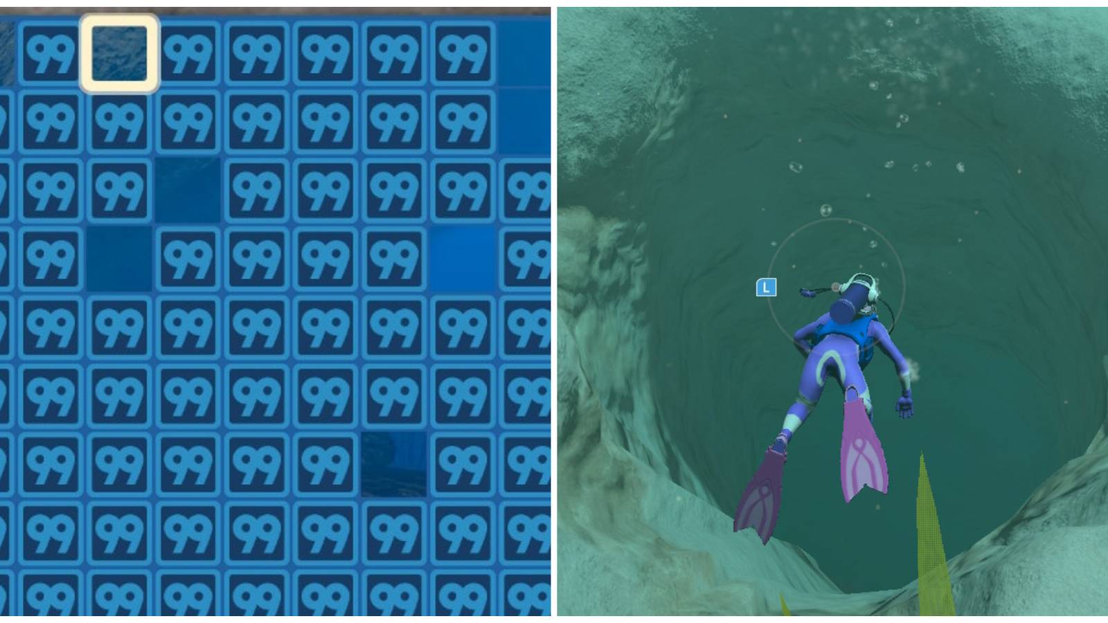 Split image of the mystery board tiles and a character exploring a cave in Endless Ocean Luminous
