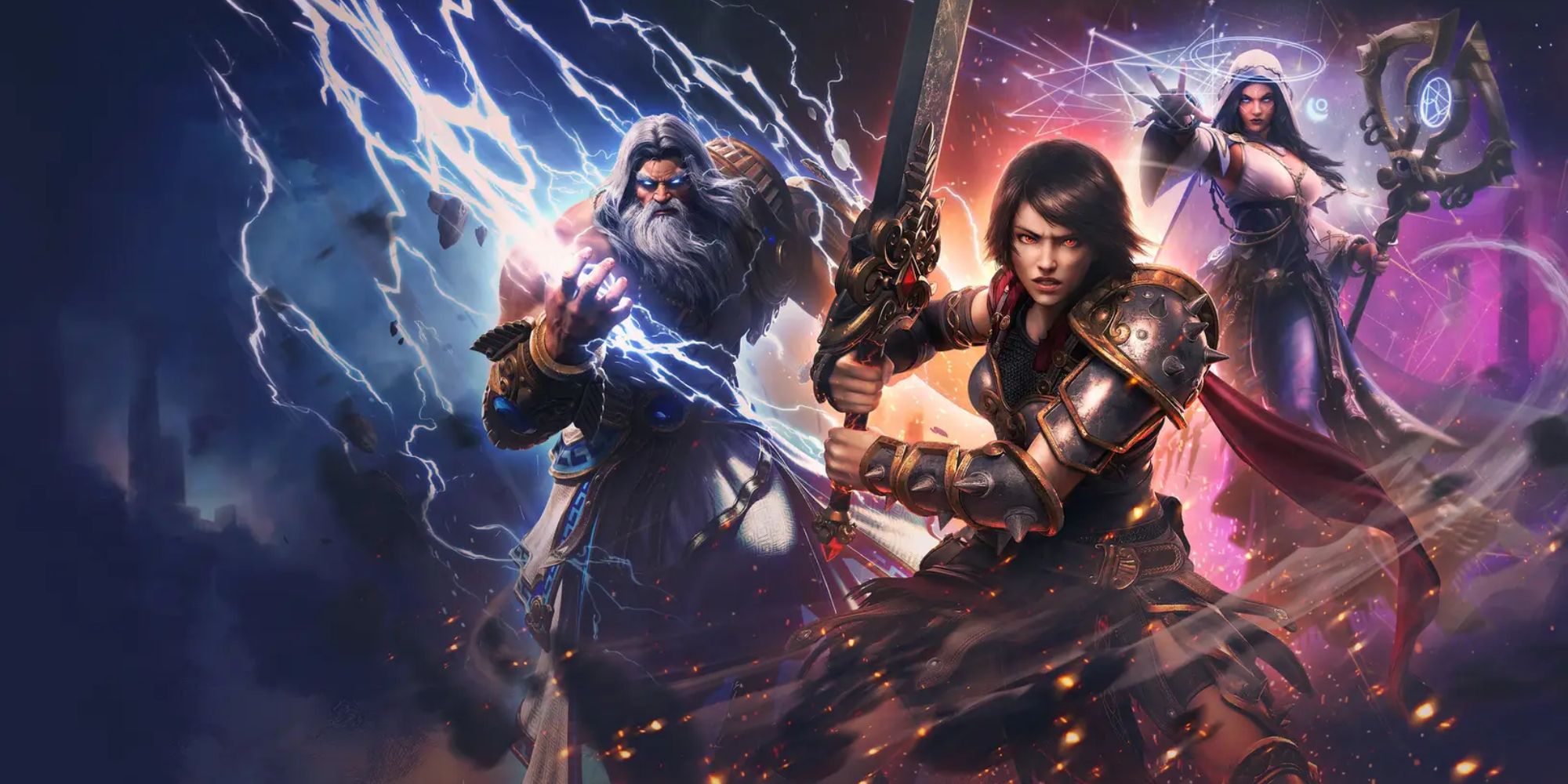 Bellona and Zeus with another god in a Smite 2 promotional poster