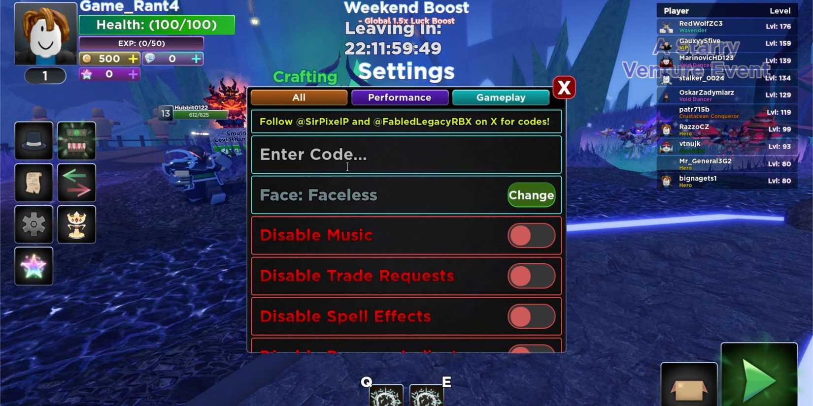 Fabled Legacy the codes tab