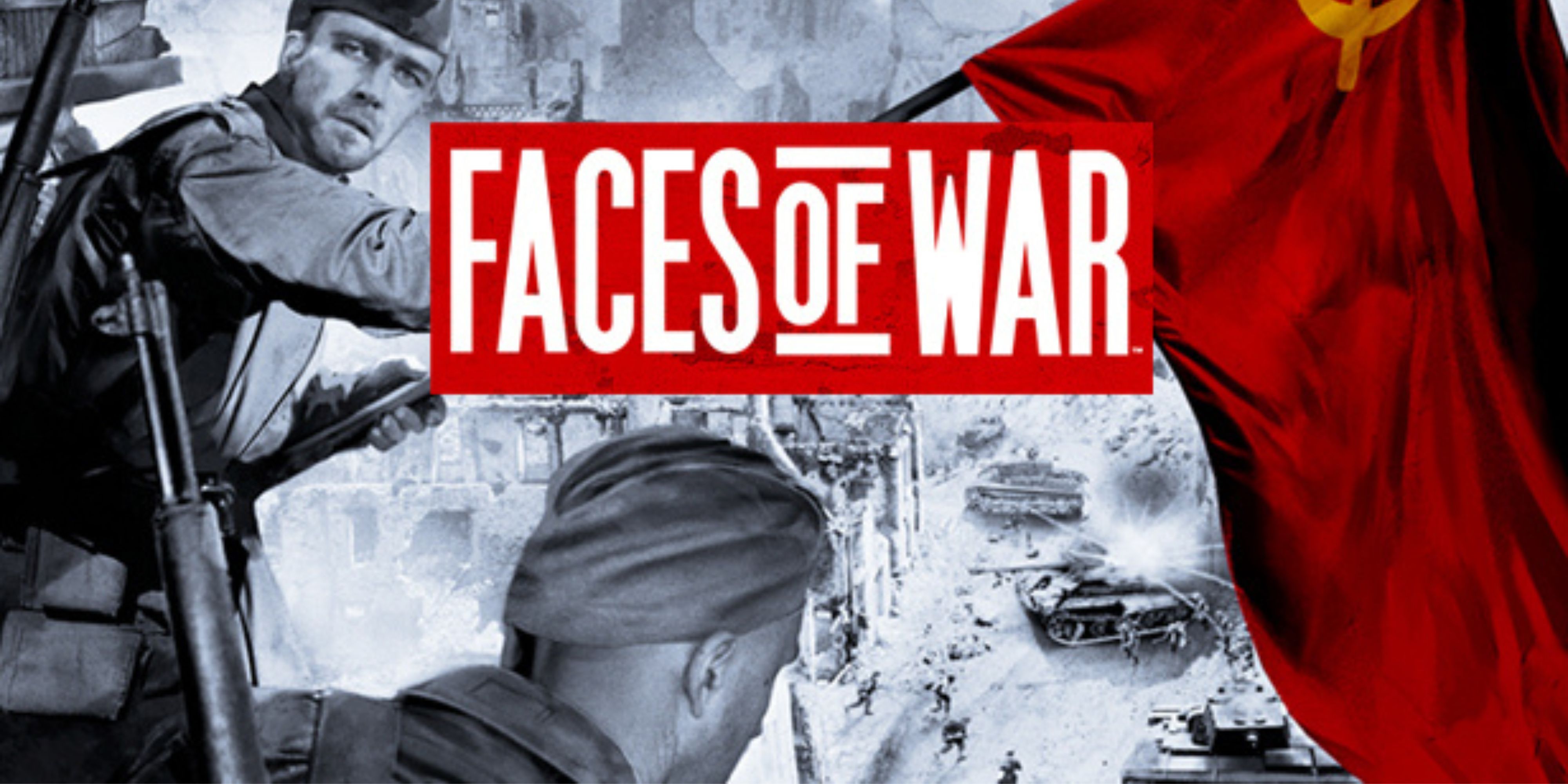 Faces of War text logo stylized black and white with red