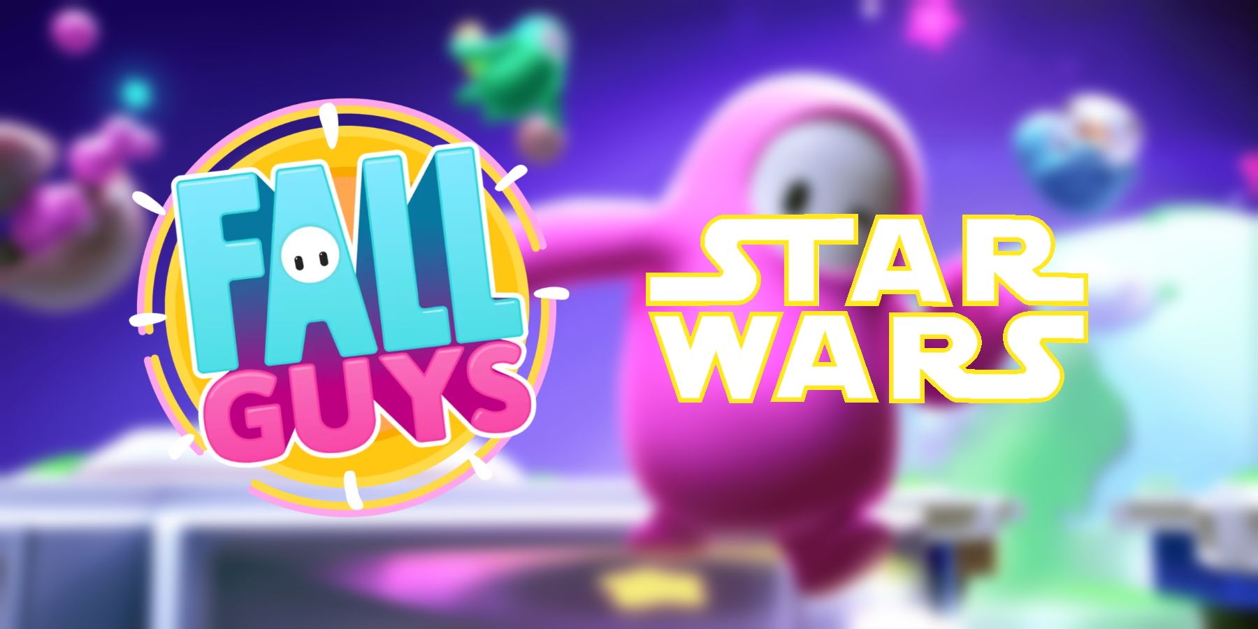 The logos for Fall Guys and Star Wars set against a blurred key visual from Fall Guys