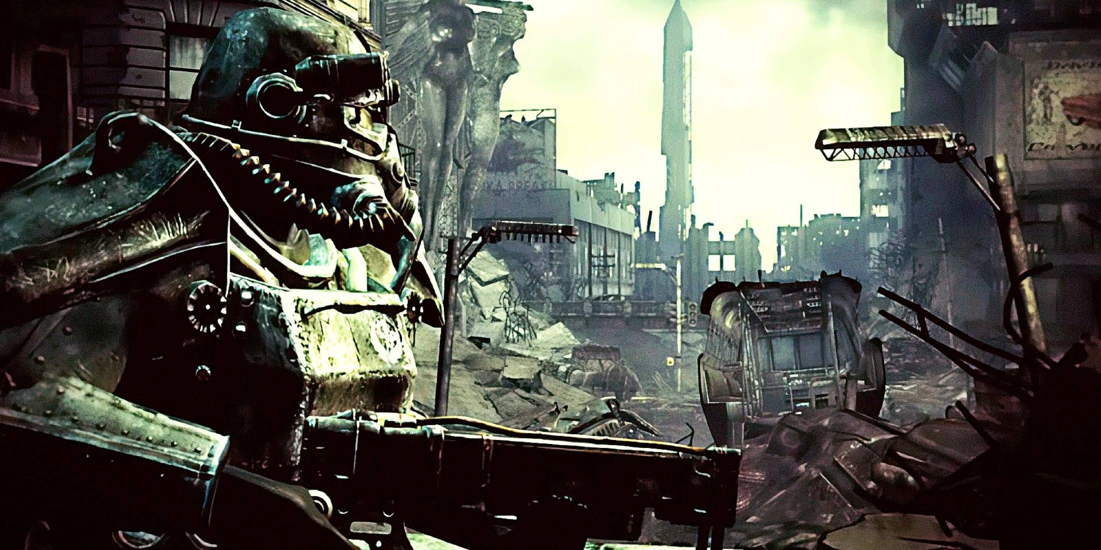 A soldier wearing power armor looking into the distance in Fallout 3's opening