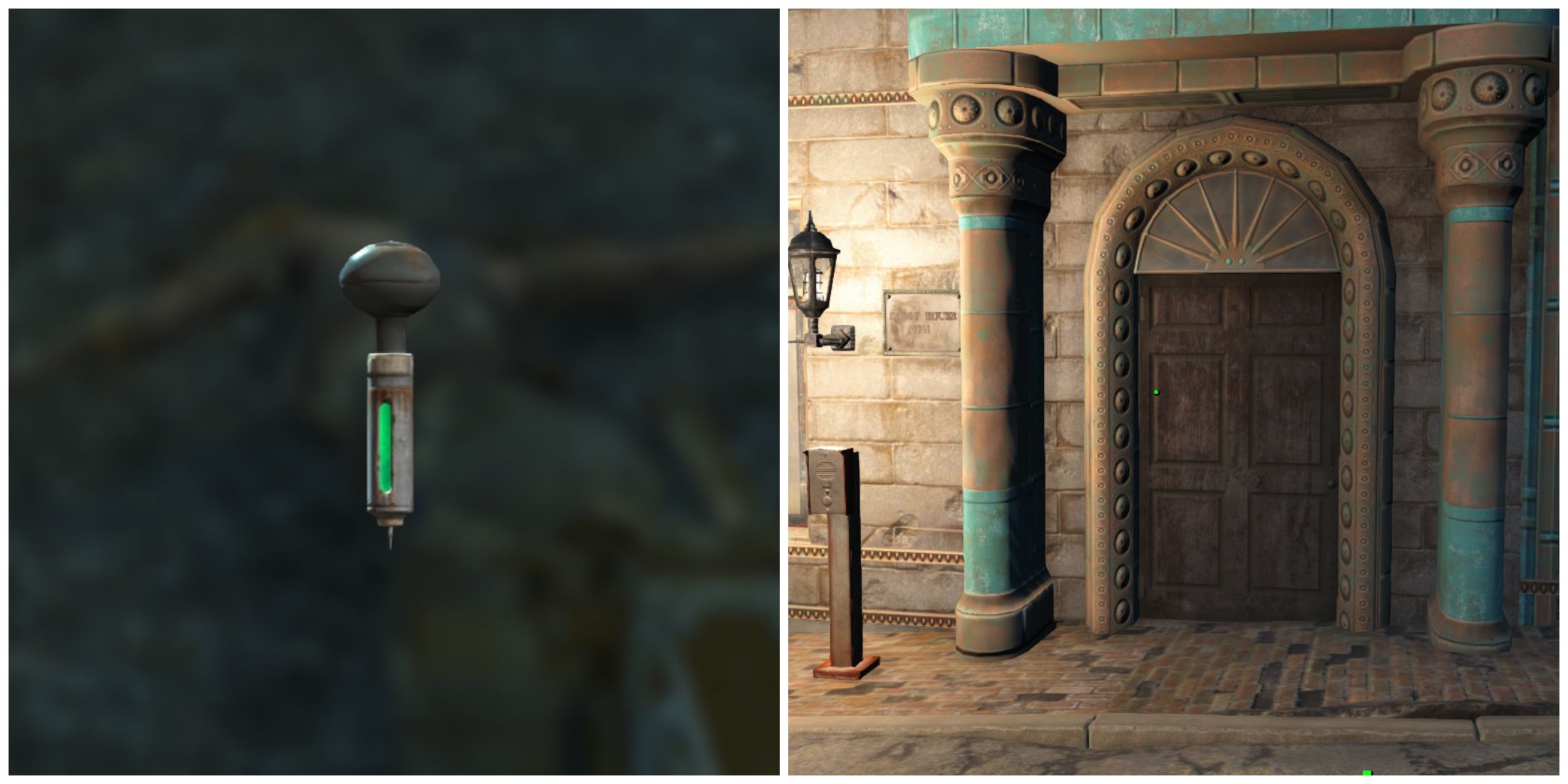 Split image of a mysterious serum and the entrance to cabot house in Fallout 4